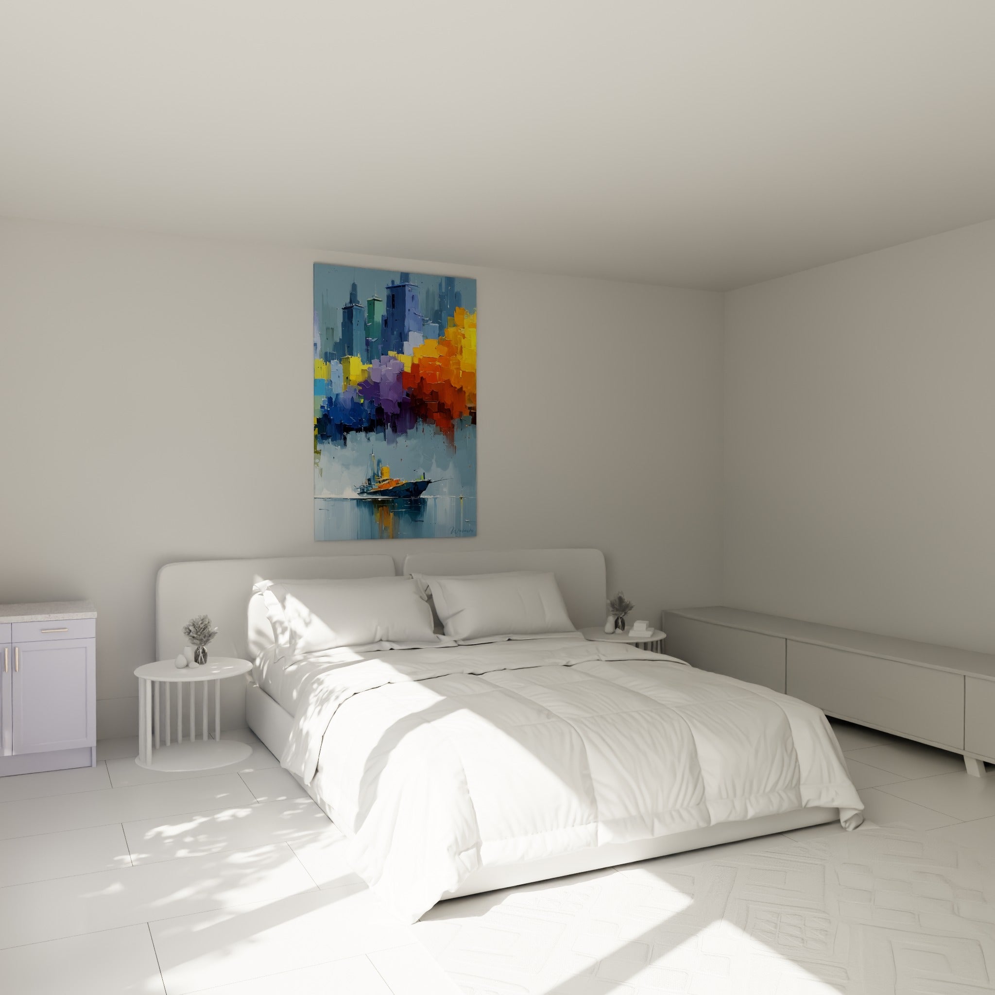 Embarcation bleue et gratte-ciel ocre peints avec relief, accrochés au-dessus d'un lit dans une chambre claire