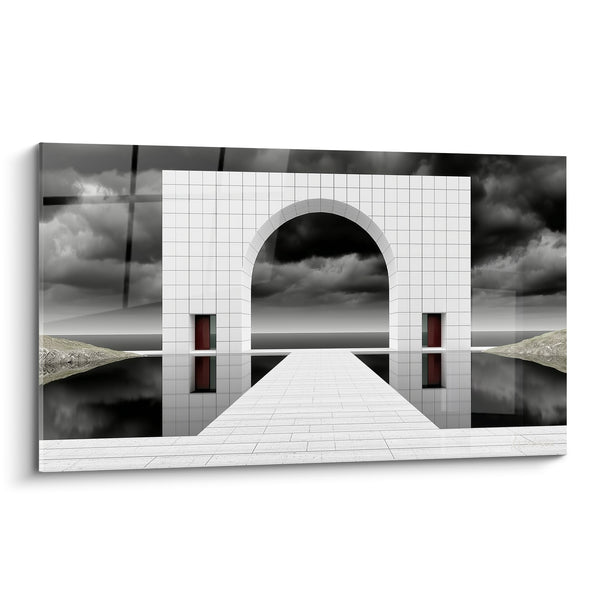 Cuadro Arco blanco y negro sobre pasarela enlosada - Puertas rojas gemelas - Edición Arquitectura abstracta