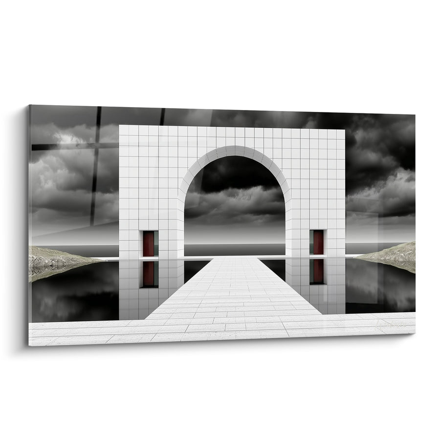 Gemälde Weißer und Schwarzer Bogen auf Kopfsteinpflasterbrücke - Doppelte rote Türen - Architektur Edition abstrakte Kunst