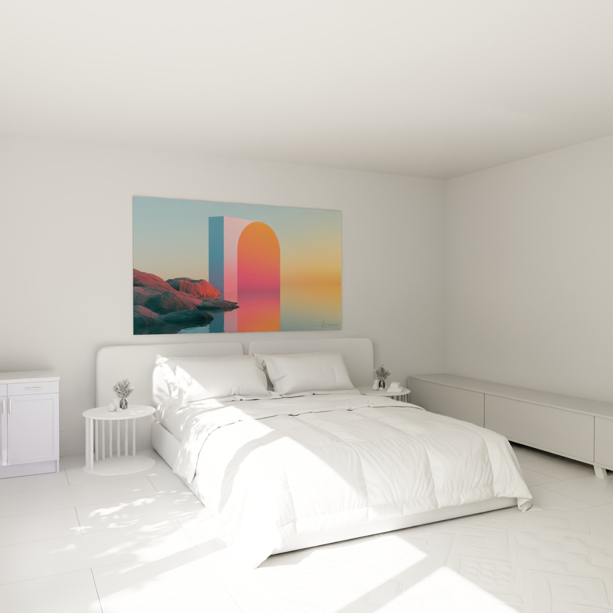 Portail géométrique orangé et bleu marine accroché au-dessus d'un lit dans une chambre claire