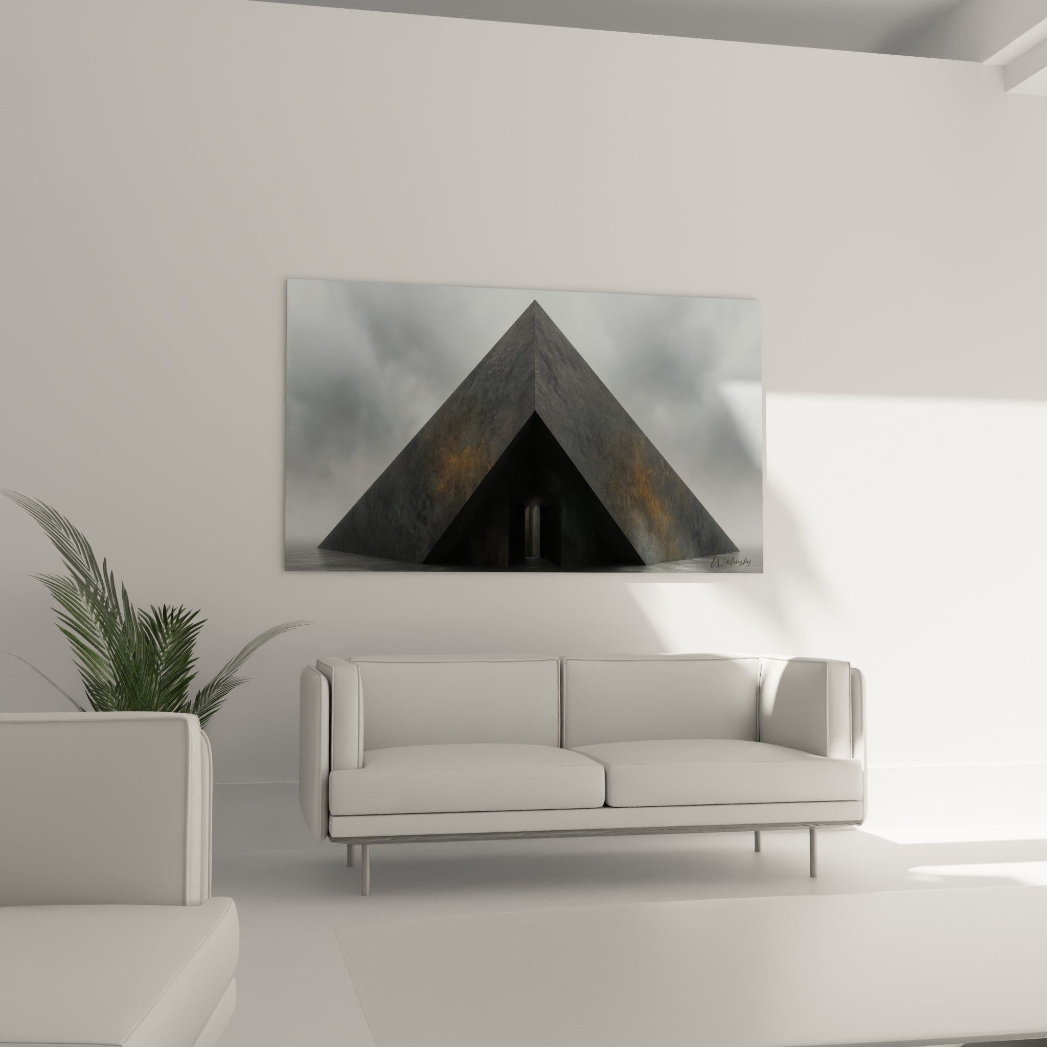 Structure grise et dorée d'une pyramide mystérieuse au-dessus d'un canapé dans un salon lumineux