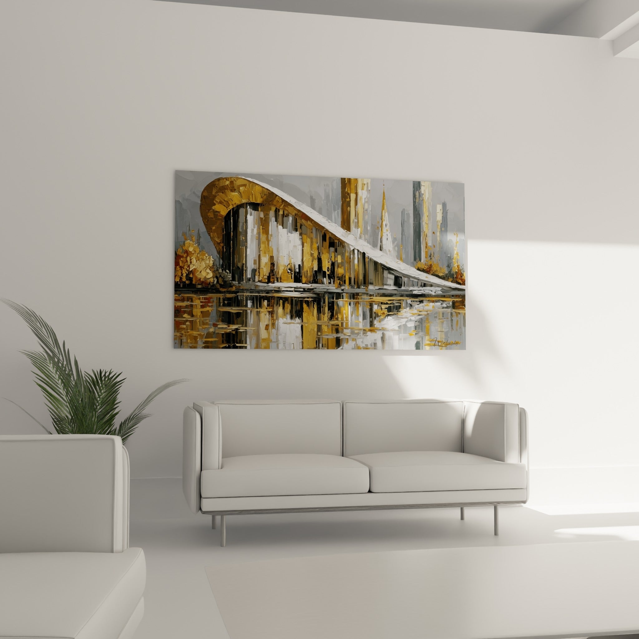 Structure urbaine dorée et blanche aux reflets aquatiques, tableau architecture abstraite au-dessus d'un canapé dans un salon lumineux