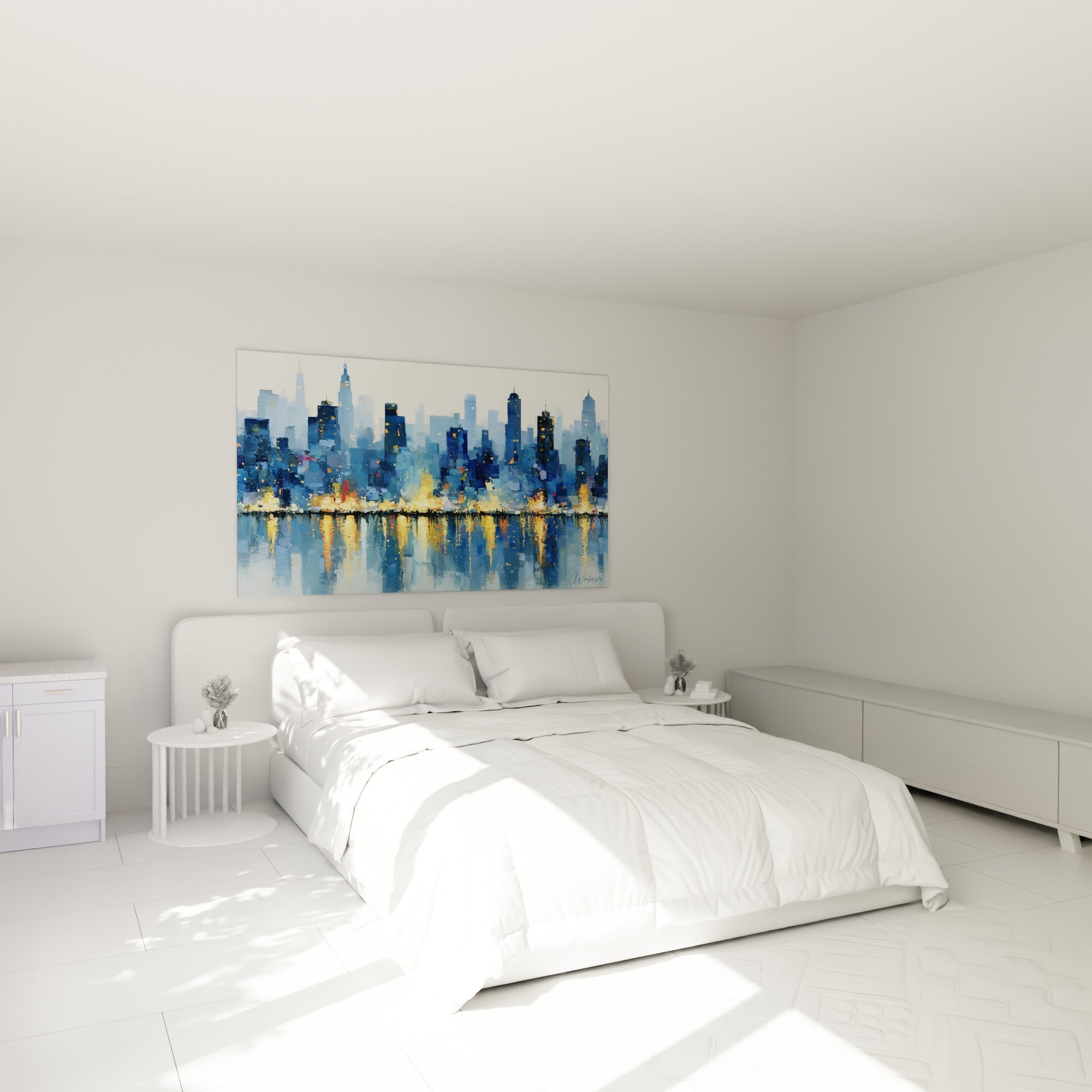 Silhouette urbaine bleu pastel et lumières dorées, tableau architecture abstraite au-dessus d'un lit dans une chambre claire
