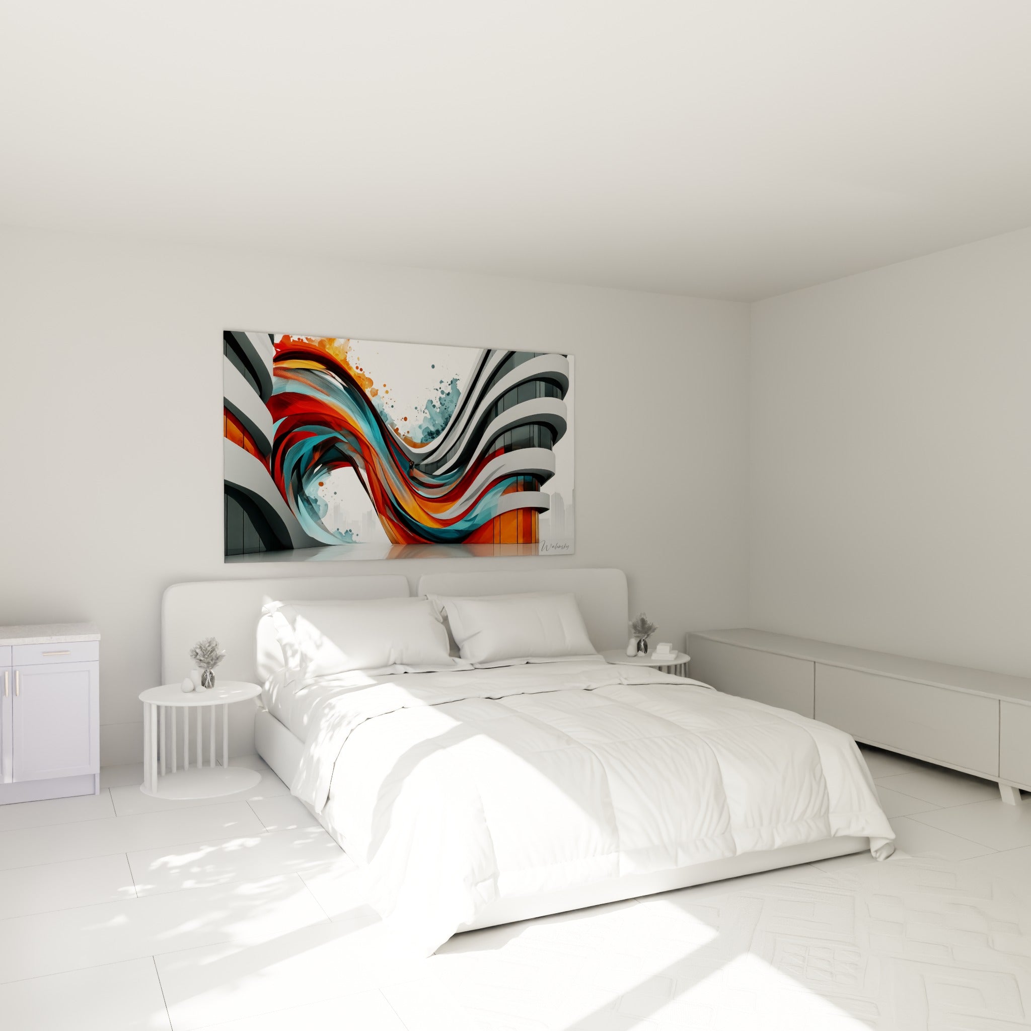 Rubans orange et turquoise fusionnant sur une façade grise, œuvre au-dessus d'un lit dans une chambre claire