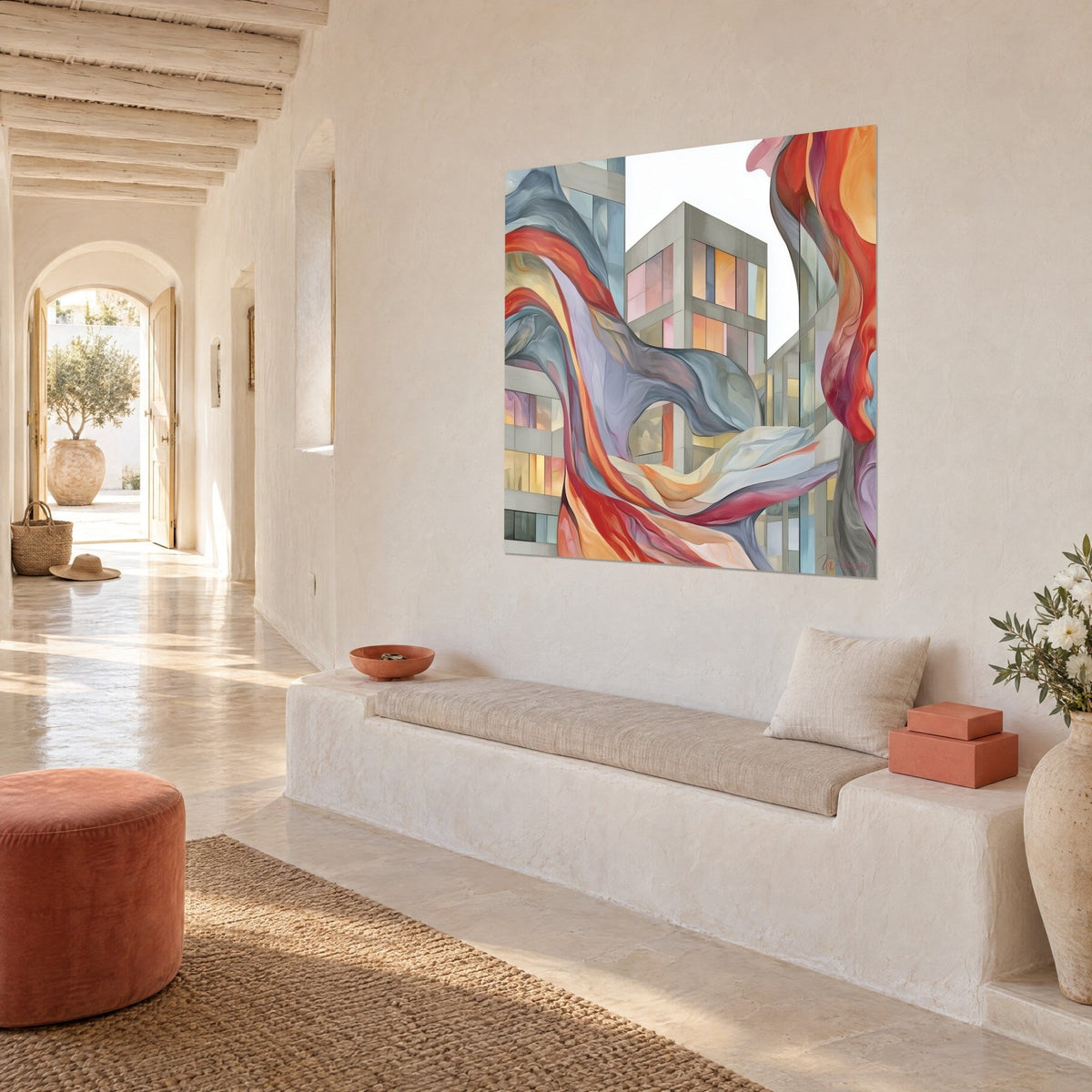 Tableau façades de béton et vagues rouge vif tourbillonnantes, vitres orangées et bleu ardoise, sur un mur beige près d'une banquette
