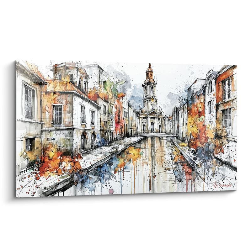 Painting of Cobblestone Street Orange and Blue Towards a Belfry - After the Rain - Abstract Architecture Edition