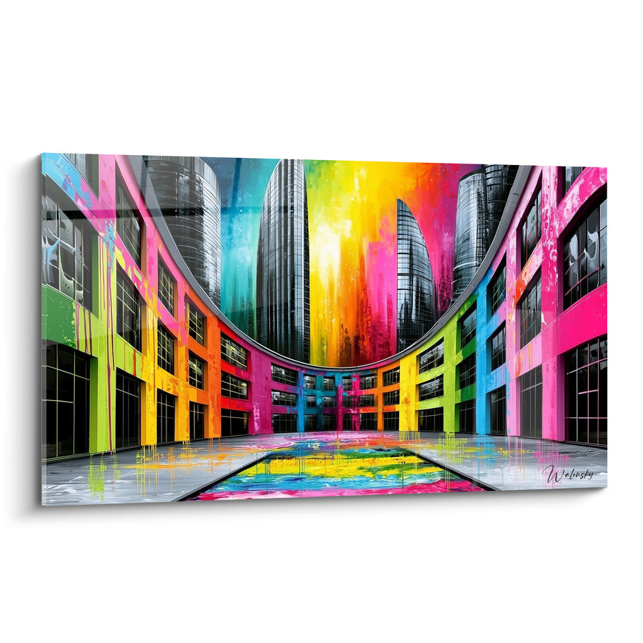 BILD Mehrfarbiger Innenhof mit tropfenden grün-magenta Fassaden – Bemalter Boden in der Mitte - Architektur Edition abstrakte Kunst