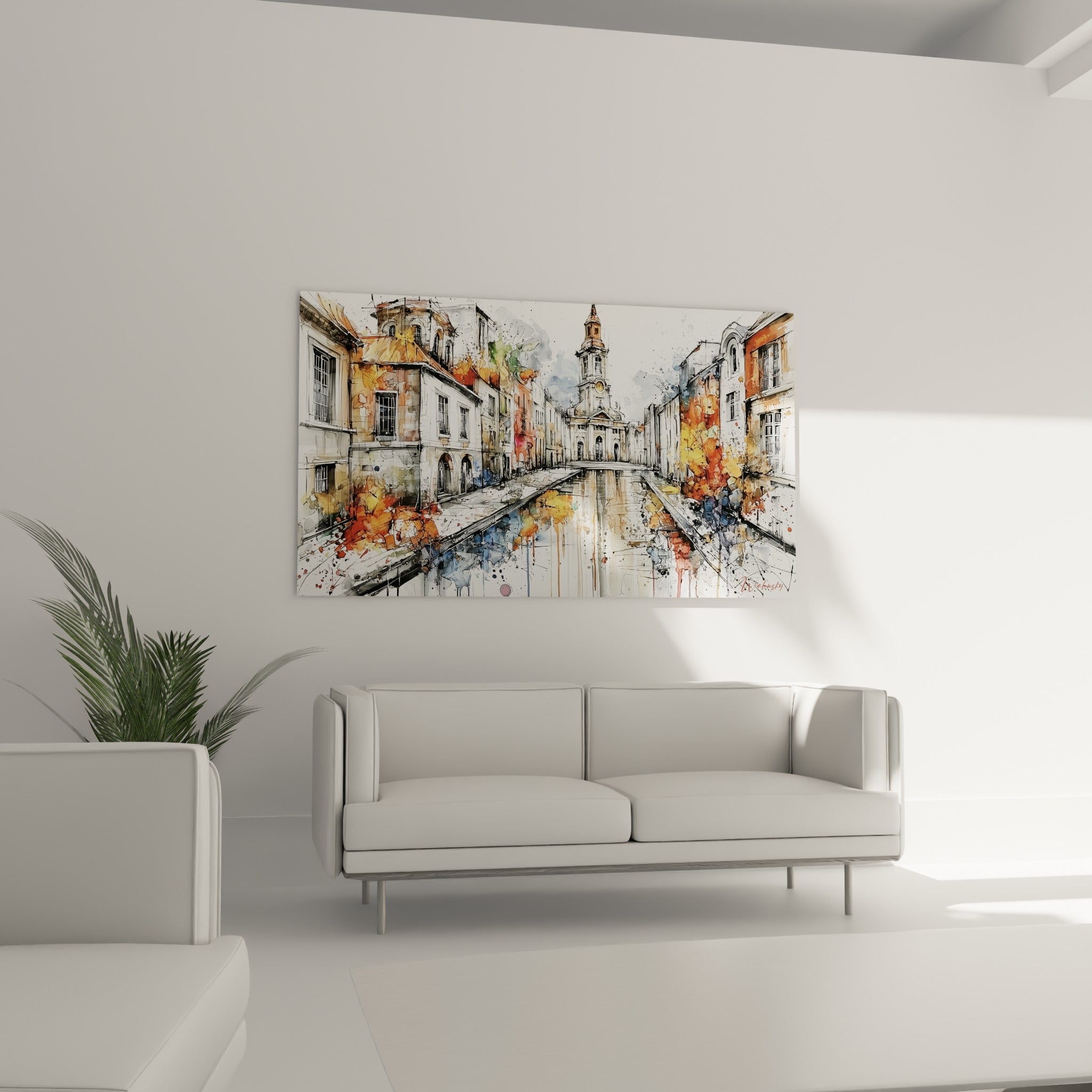 Rue européenne aux touches orange et anthracite du tableau architecture abstraite au-dessus d'un canapé dans un salon lumineux
