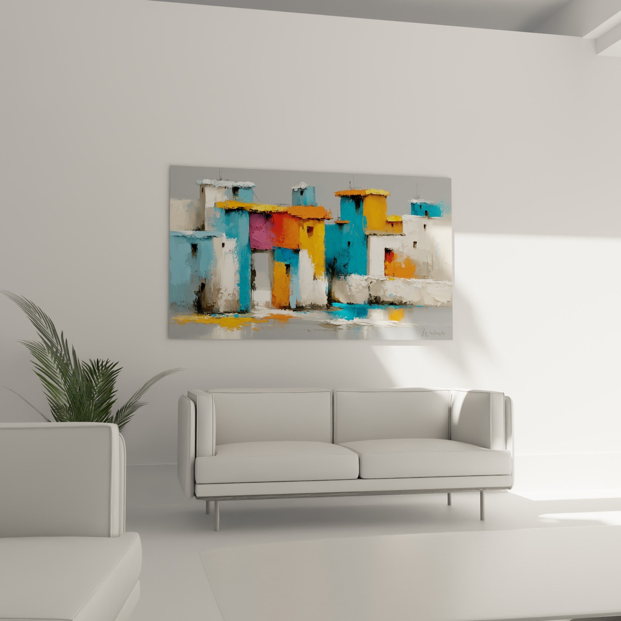 Ruelle peinte de ce tableau architecture abstraite turquoise et magenta au-dessus d'un canapé dans un salon lumineux