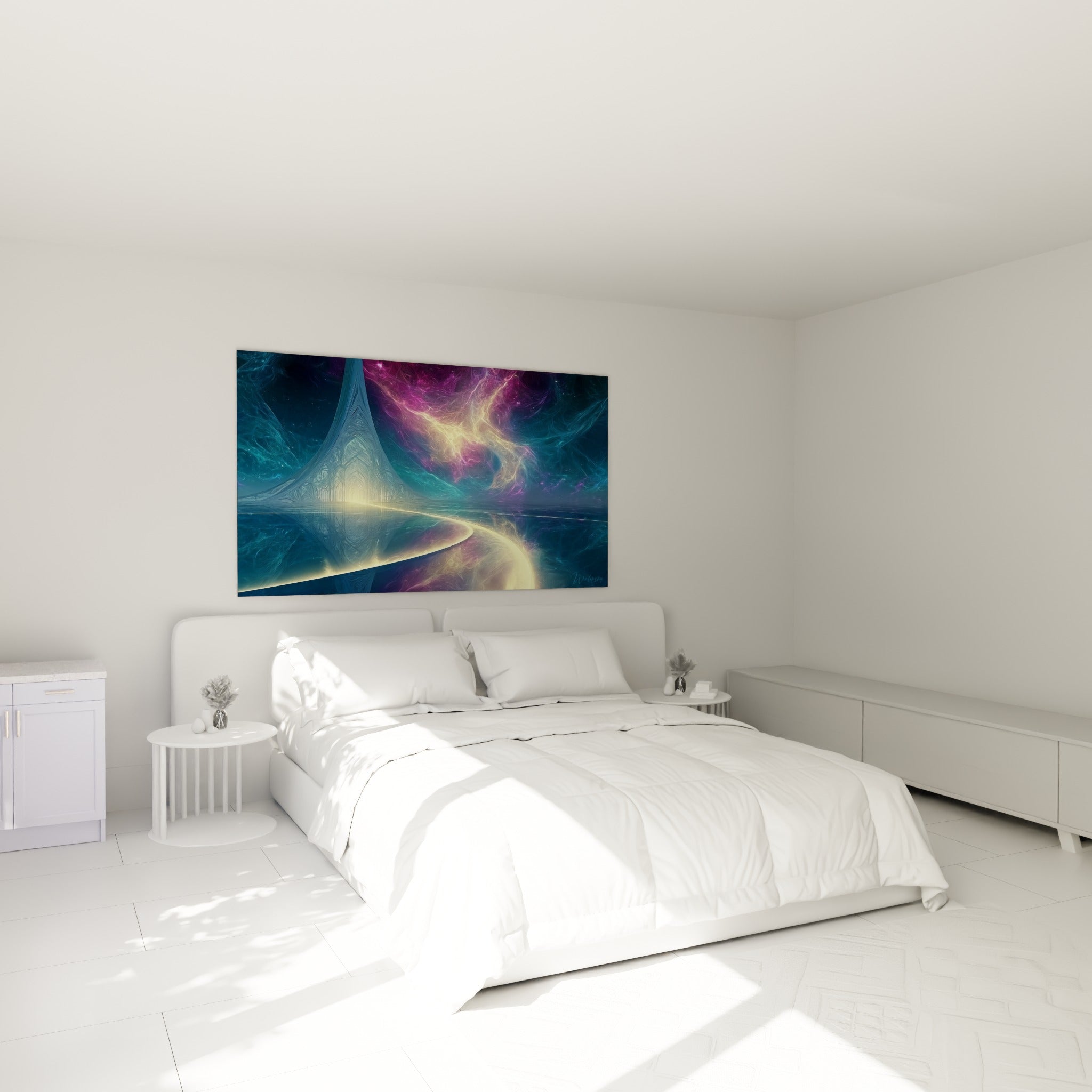 Nébuleuse pourpre et sentier doré d'architecture abstraite accrochés au-dessus d'un lit dans une chambre claire