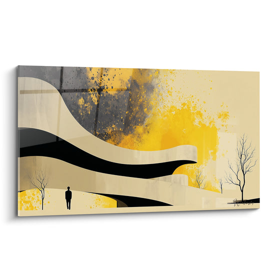Silhouette solitaire face à des vagues architecturales noires et jaune ocre éclatant