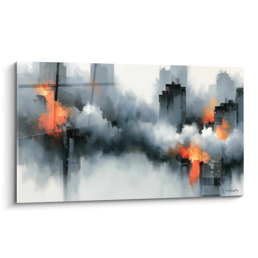 Druck Skyline Anthrazit mit orangefarbenen Reflexionen - Stadt in der Krise - Architektur Edition abstrakt
