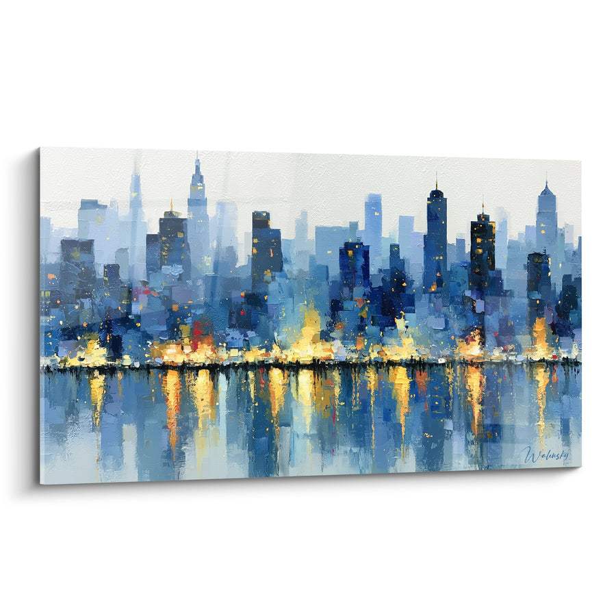 Leinwand Skyline blau und golden auf Wasserspiegel – Urbaner Wachtposten – Architektur Edition abstrakt