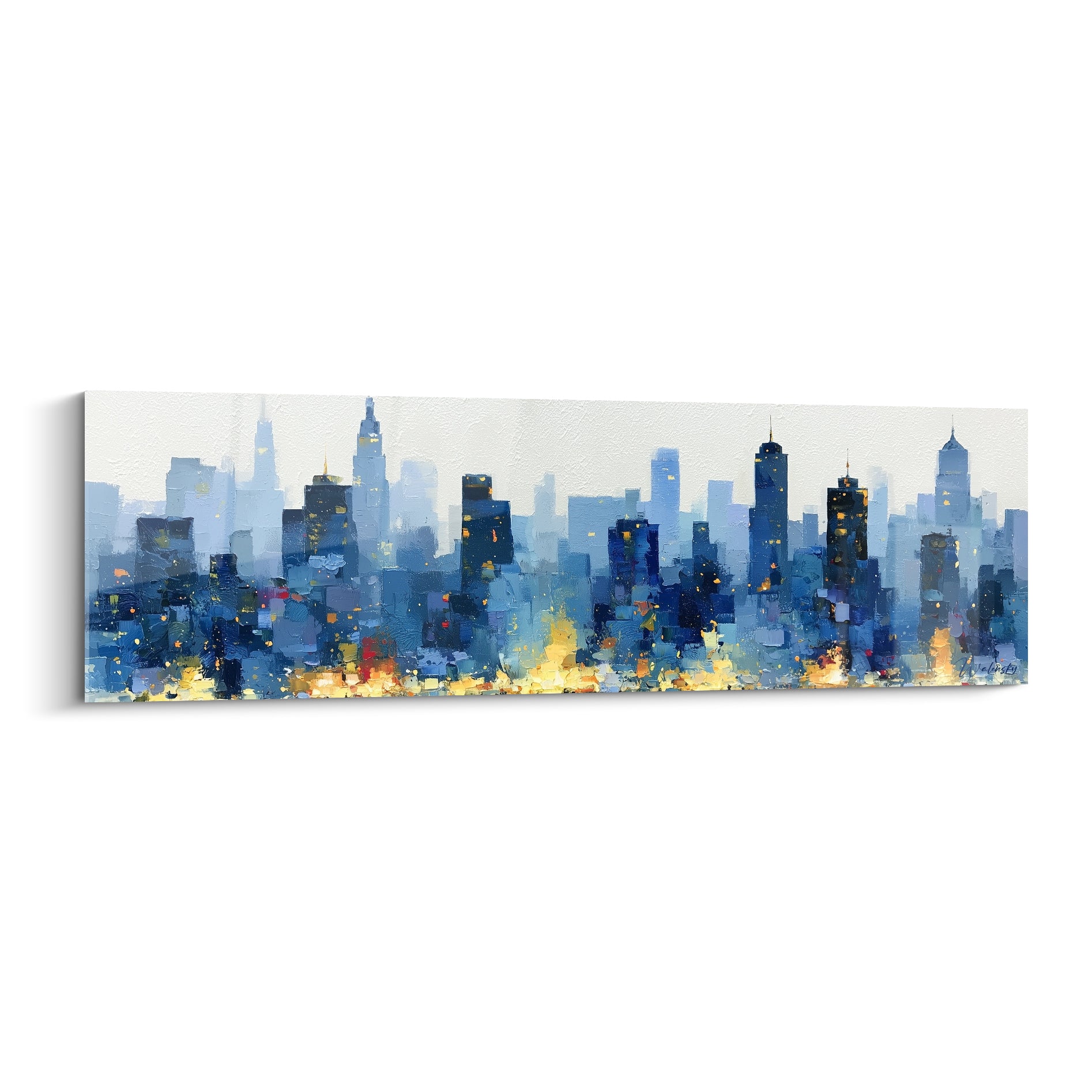 Skyline peinte en bleu marine et doré, gratte-ciel abstraits d'architecture urbaine au couteau