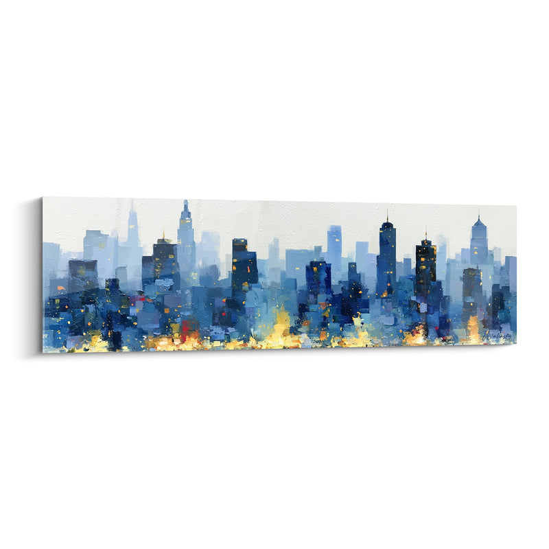 Tableau Skyline bleu et jaune aux lumières éparses - Panorama urbain estompé - Edition Architecture abstrait