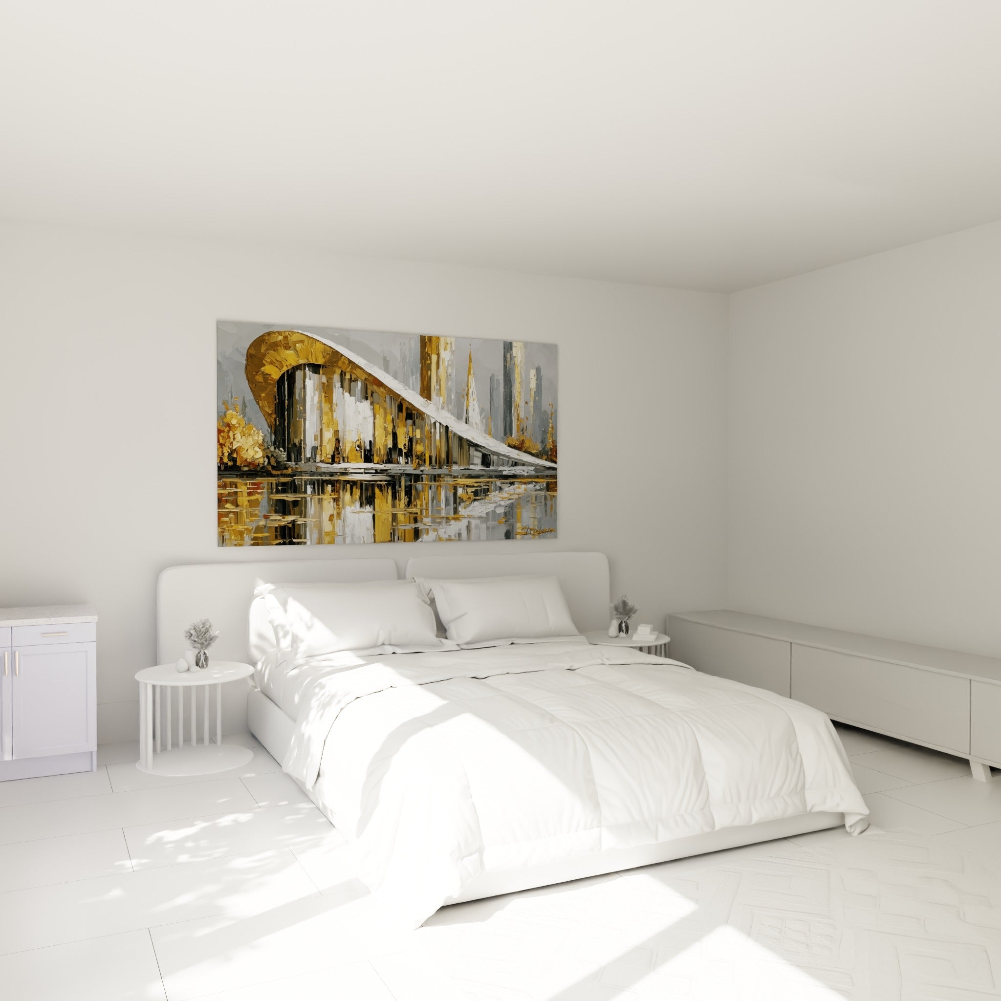 Skyline dorée et grise peinte avec empâtements, tableau architecture abstraite au-dessus d'un lit dans une chambre claire