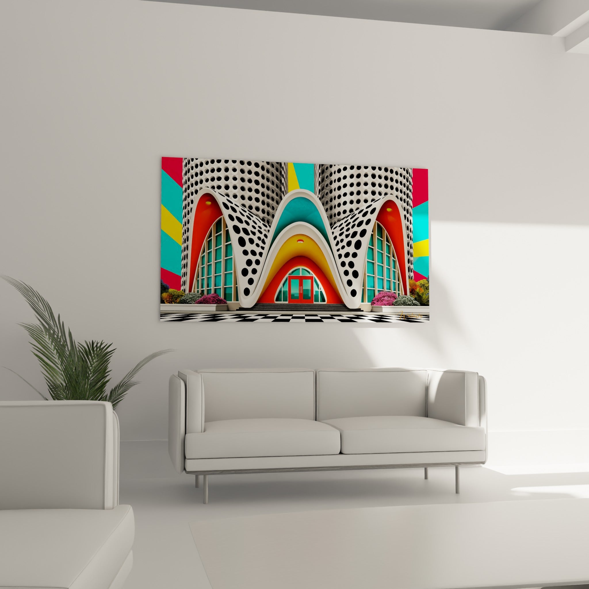 Portique à pois noirs et sol en damier de ce tableau architecture abstraite, au-dessus d'un canapé dans un salon lumineux.