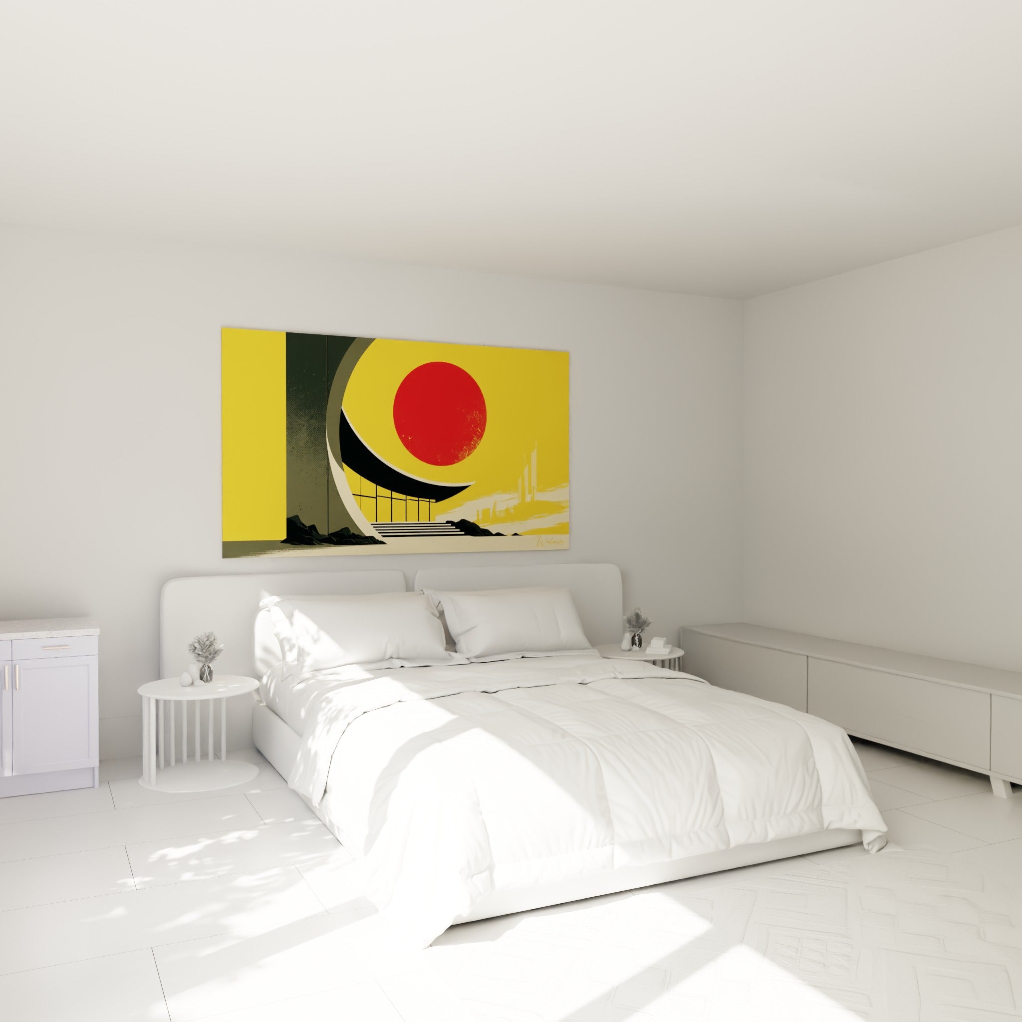 Disque rouge et pavillon jaune ocre, architecture abstraite au-dessus d'un lit dans une chambre claire