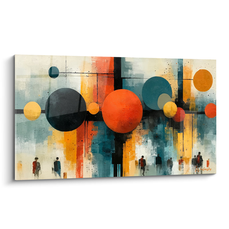 Tableau Sphères orange et noir flottant sur place urbaine - Passants silhouettés au sol - Edition Architecture abstrait