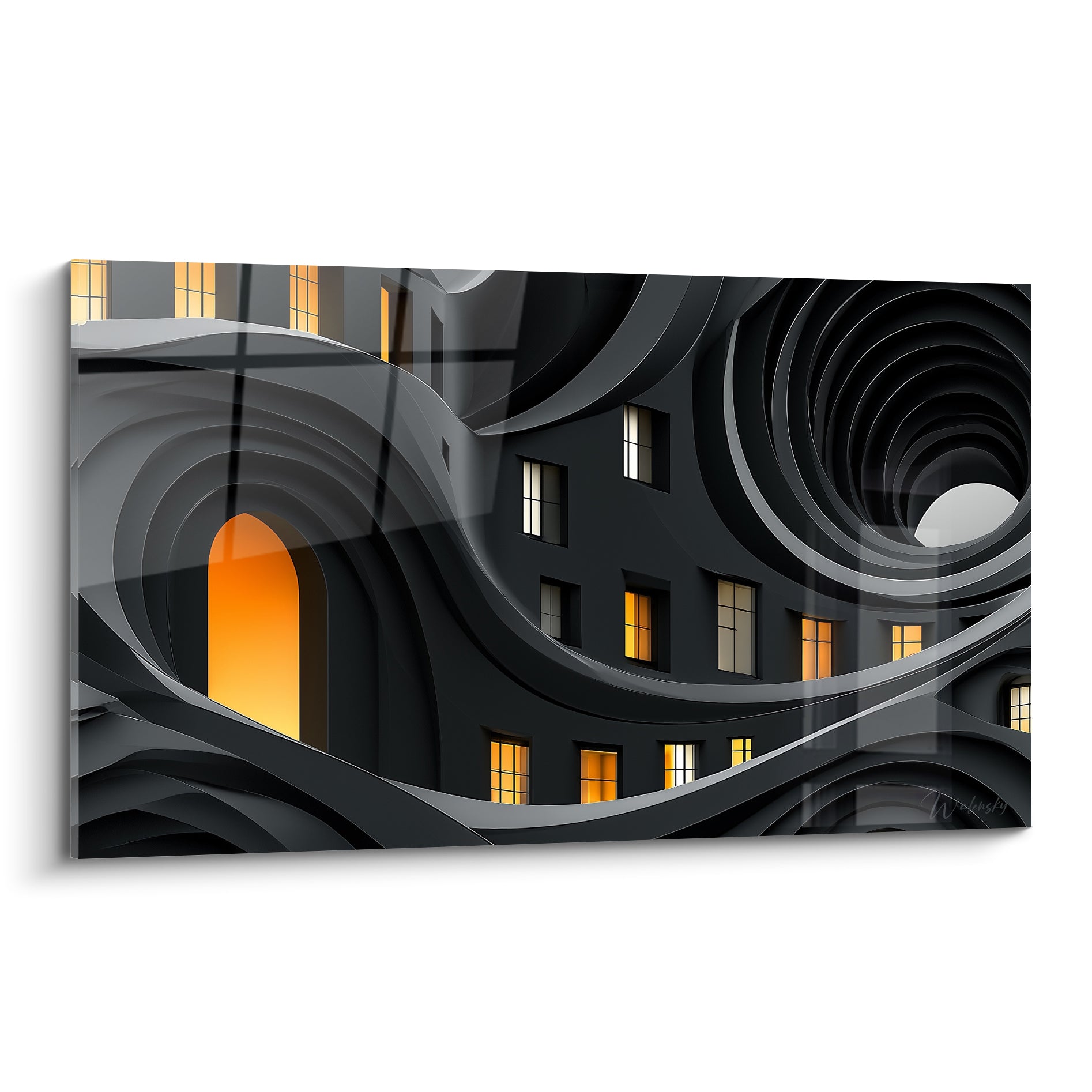 Façade en spirales anthracite et grises, fenêtres orangées allumées, architecture abstraite sinueuse.