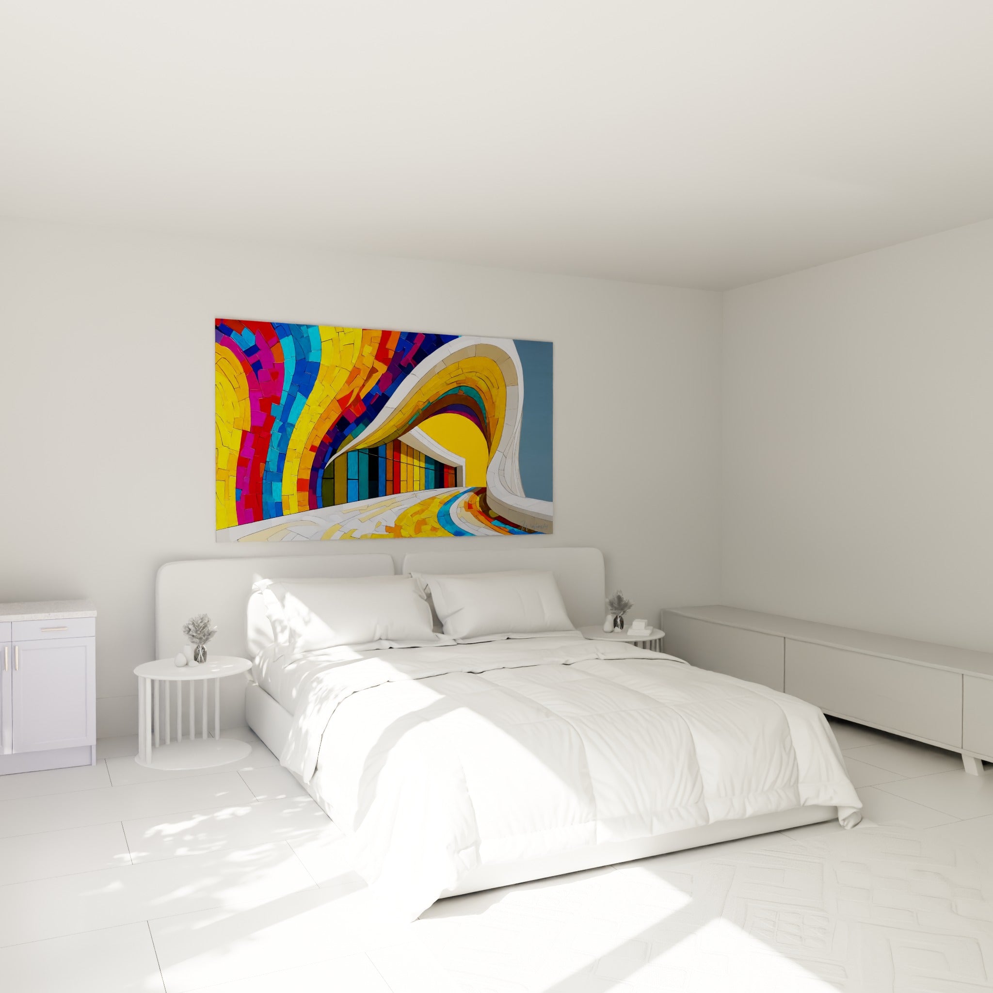 Spirale mosaïque jaune et bleu marine d'architecture abstraite au-dessus d'un lit dans une chambre claire