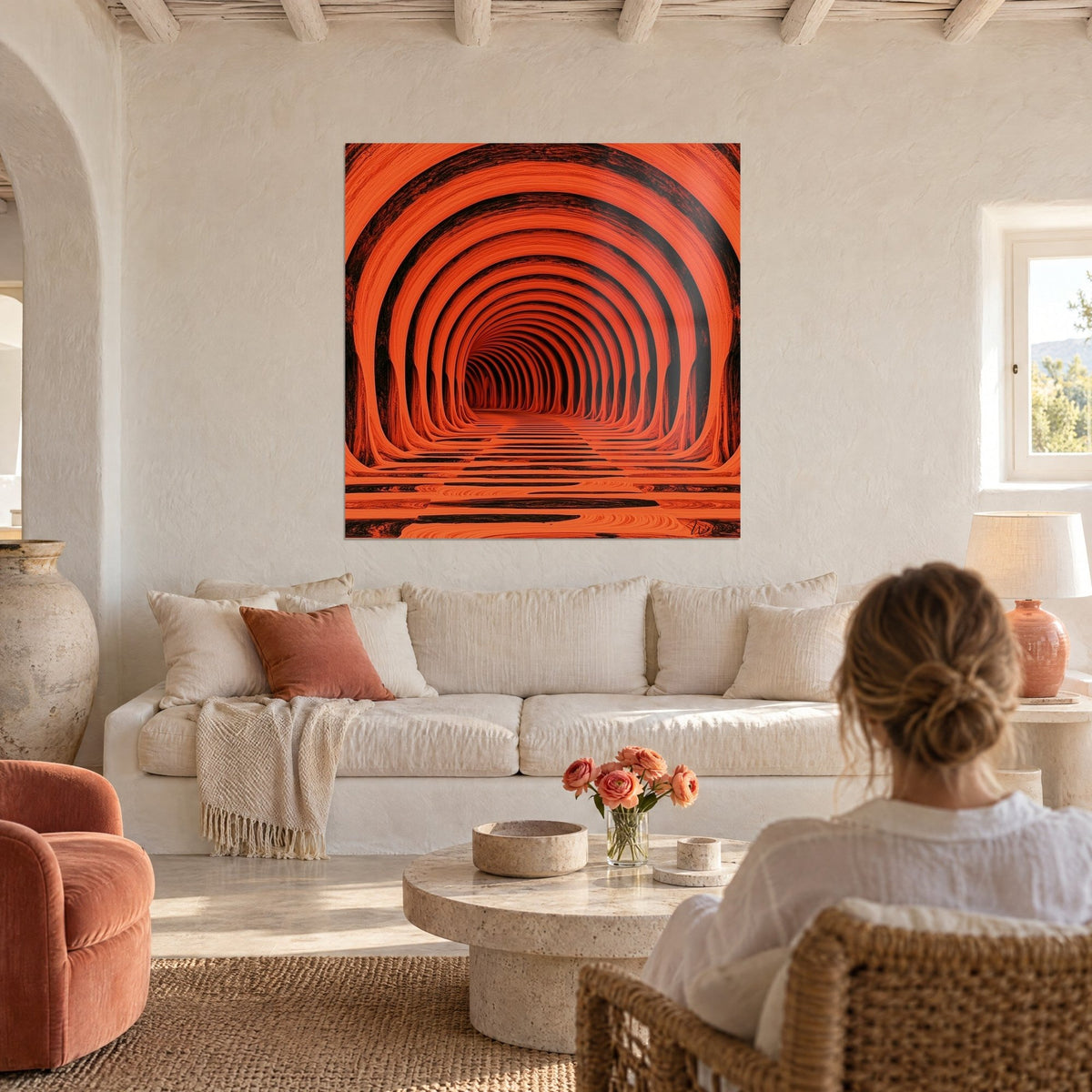 Schilderij van concentrische boogtunnels in levendig oranje en zwart, hypnotisch perspectief, boven een bank in een lichte woonkamer