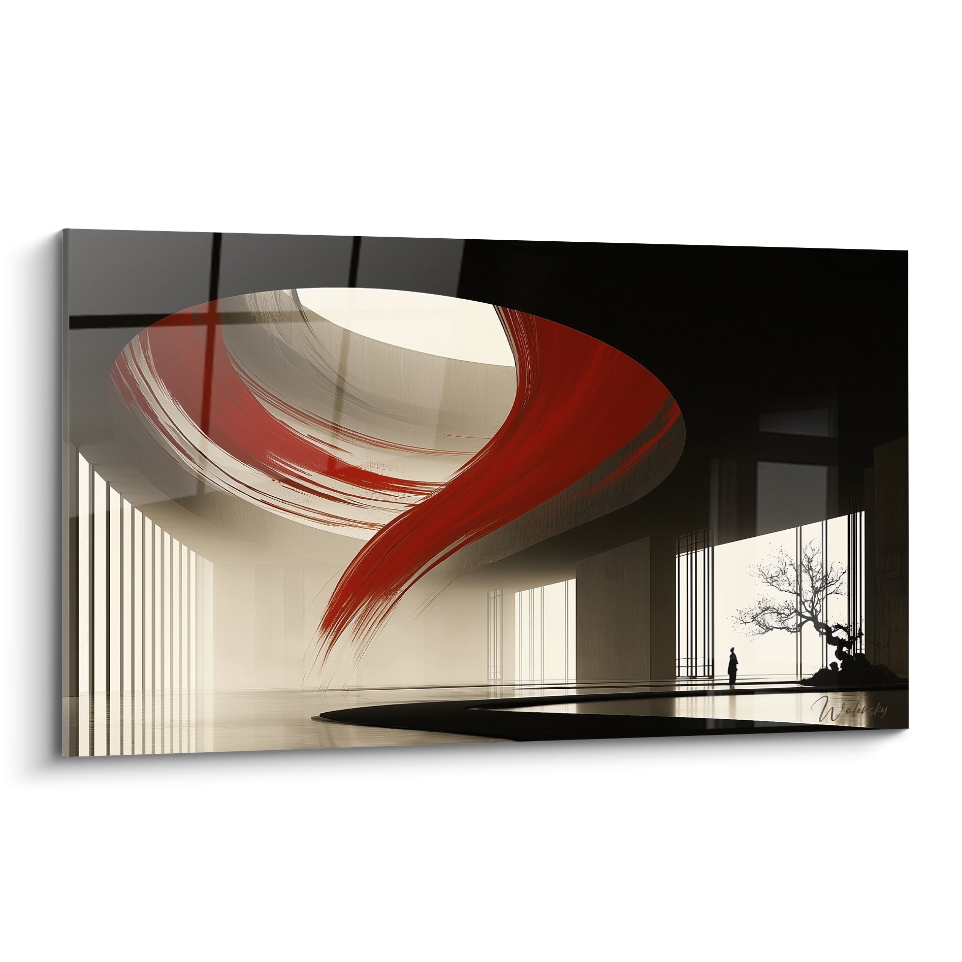Spirale architecturale rouge et ivoire avec silhouette solitaire face à un arbre noir décharné