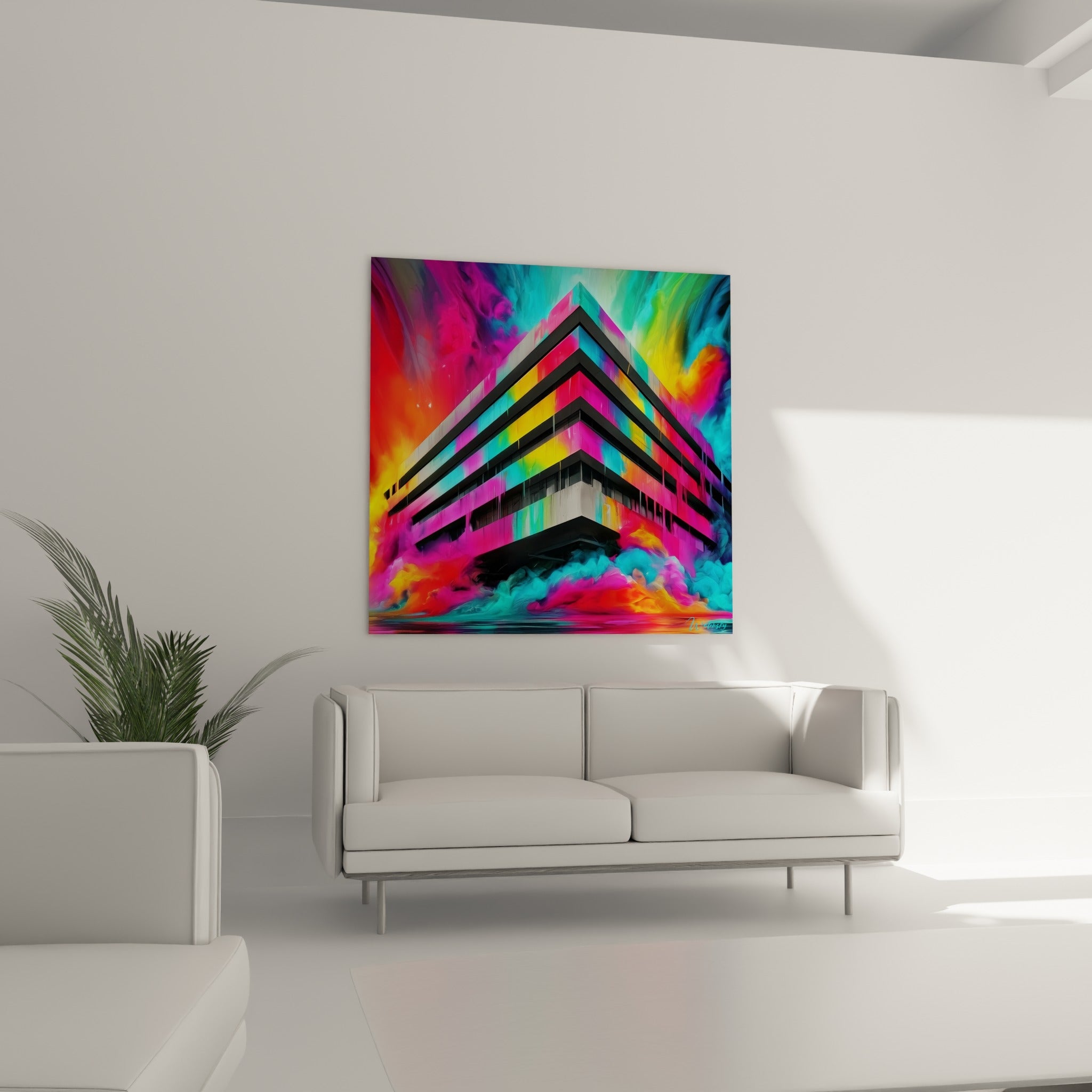 Structure noire et jaune éclatante ruisselante de peinture colorée, au-dessus d'un canapé dans un salon lumineux