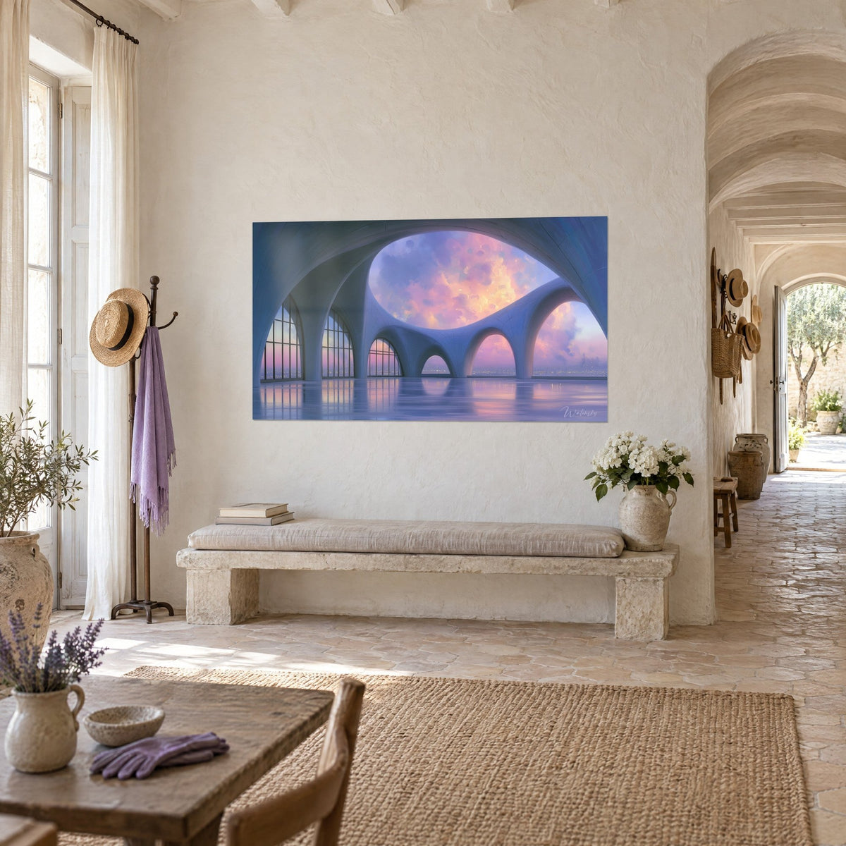 Schilderij van dromerige architectuur met lila bogen en een roze wolkenoculus, boven een stenen bank, Provençaals landhuis