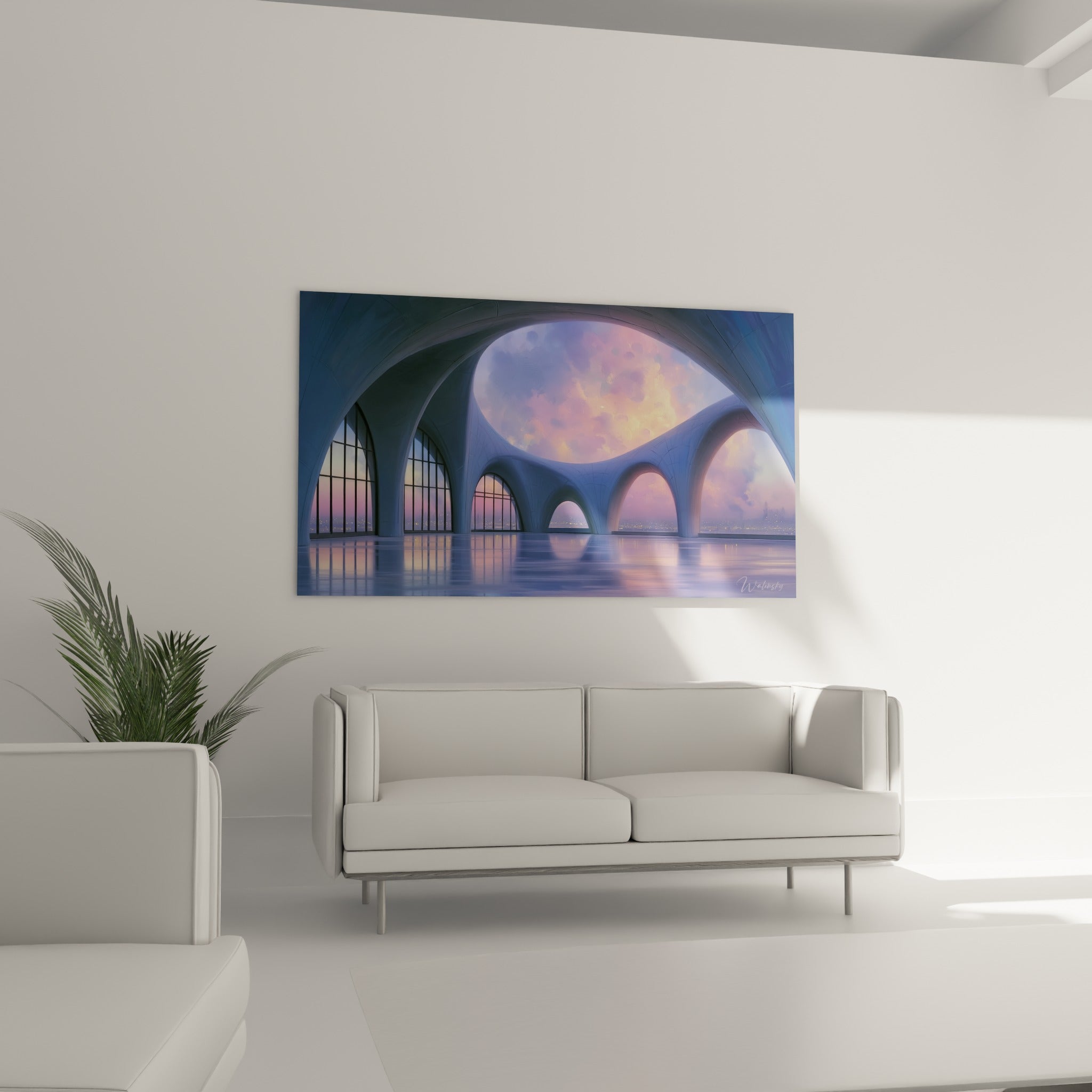 Structure bleutée et ciel embrasé de ce tableau architecture abstraite au-dessus d'un canapé dans un salon lumineux