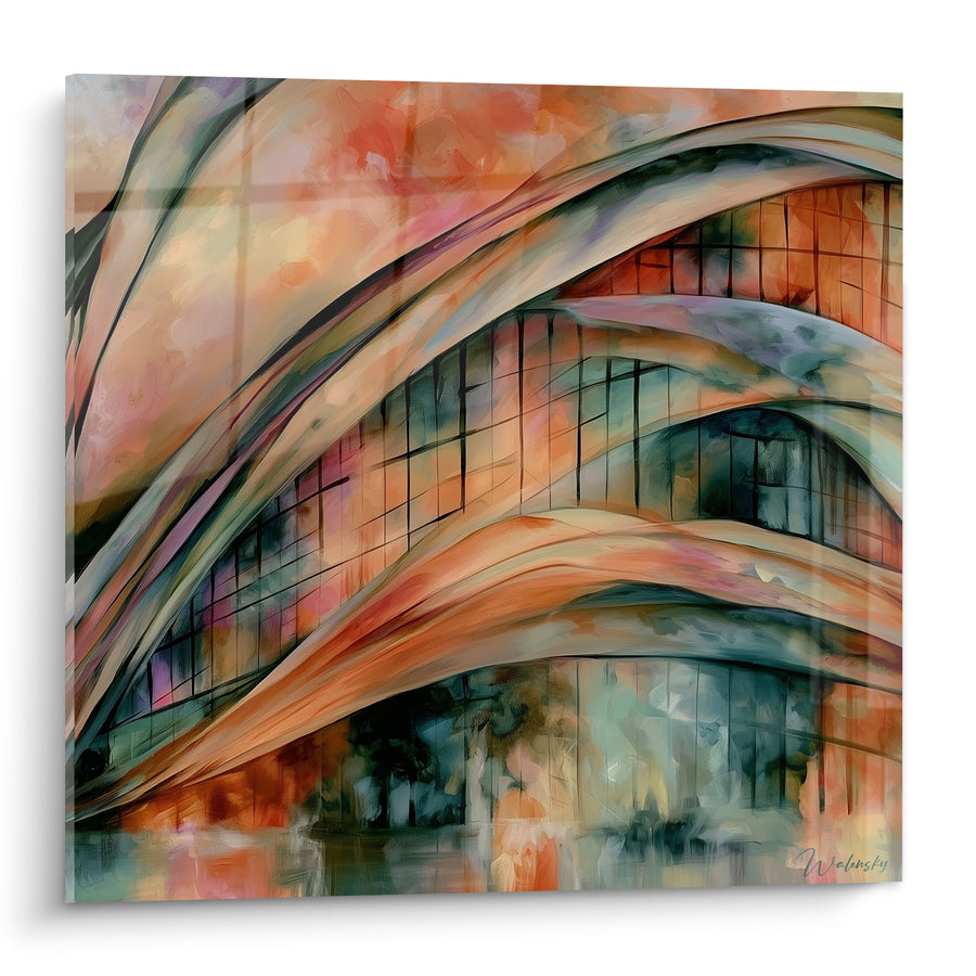Gebogenes Glasbild in Terrakotta- und Taubenblau-Tönen - Architektonischer Hauch - Edition Abstrakte Architektur