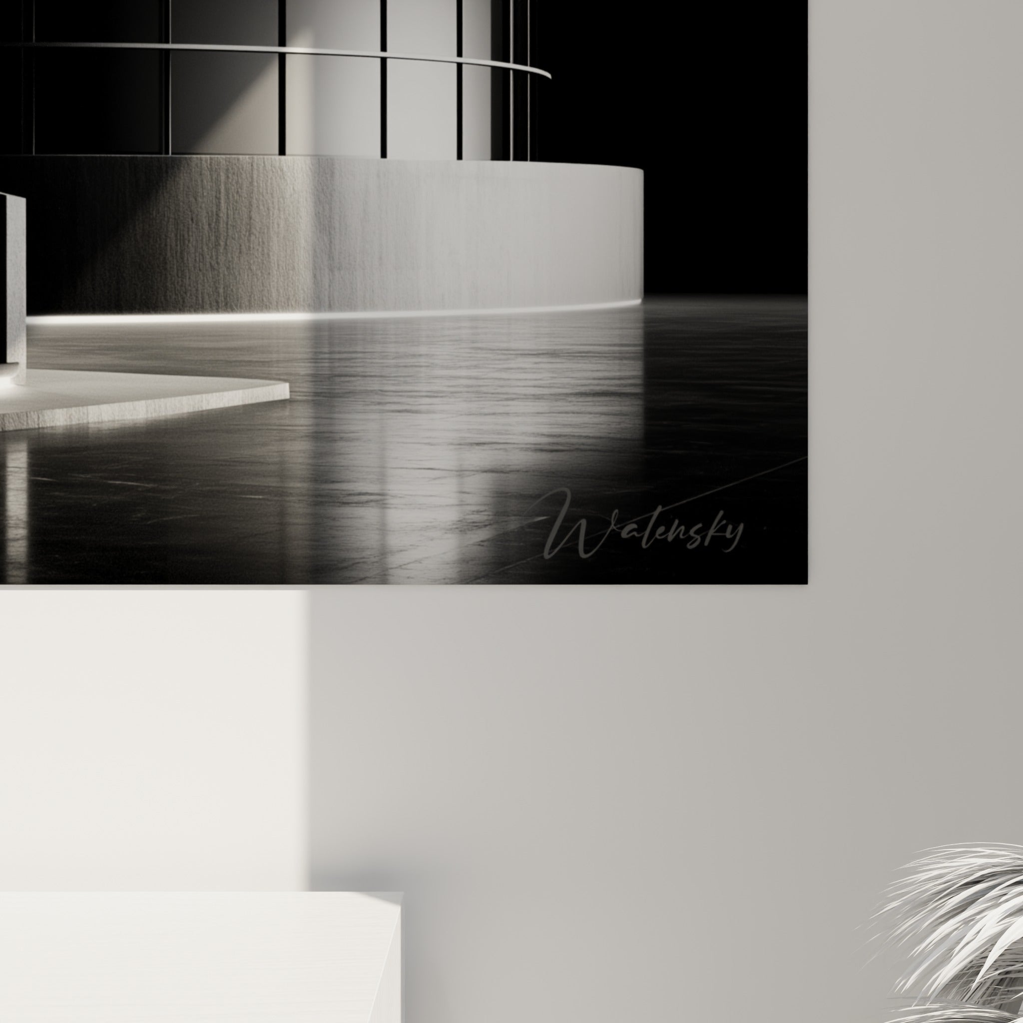 Grain photographique révélant le contraste noir profond et les traits blancs lumineux de l'escalier