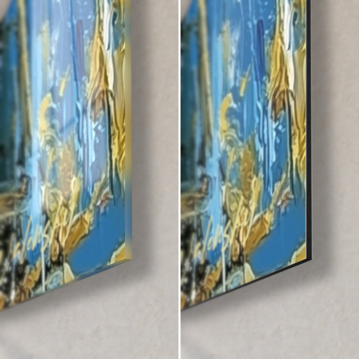 Tableau tours bleues aux reflets dorés, coin bas droit : verre acrylique brillant à gauche, alu Dibond mat à droite, tranche de 3 mm
