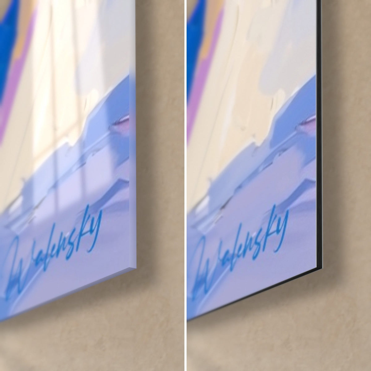 Schilderij abstracte architectuur in kobaltblauw en goudgeel, rechteronderhoek in glanzend glas en mat Dibond, rand van 3 mm