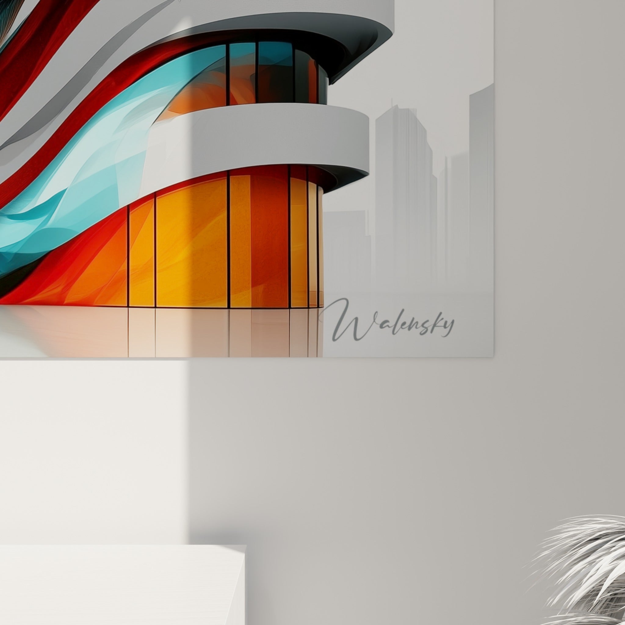 Empâtements orange et turquoise sur toile lisse, matière brillante révélant les nuances de gris et de cuivre