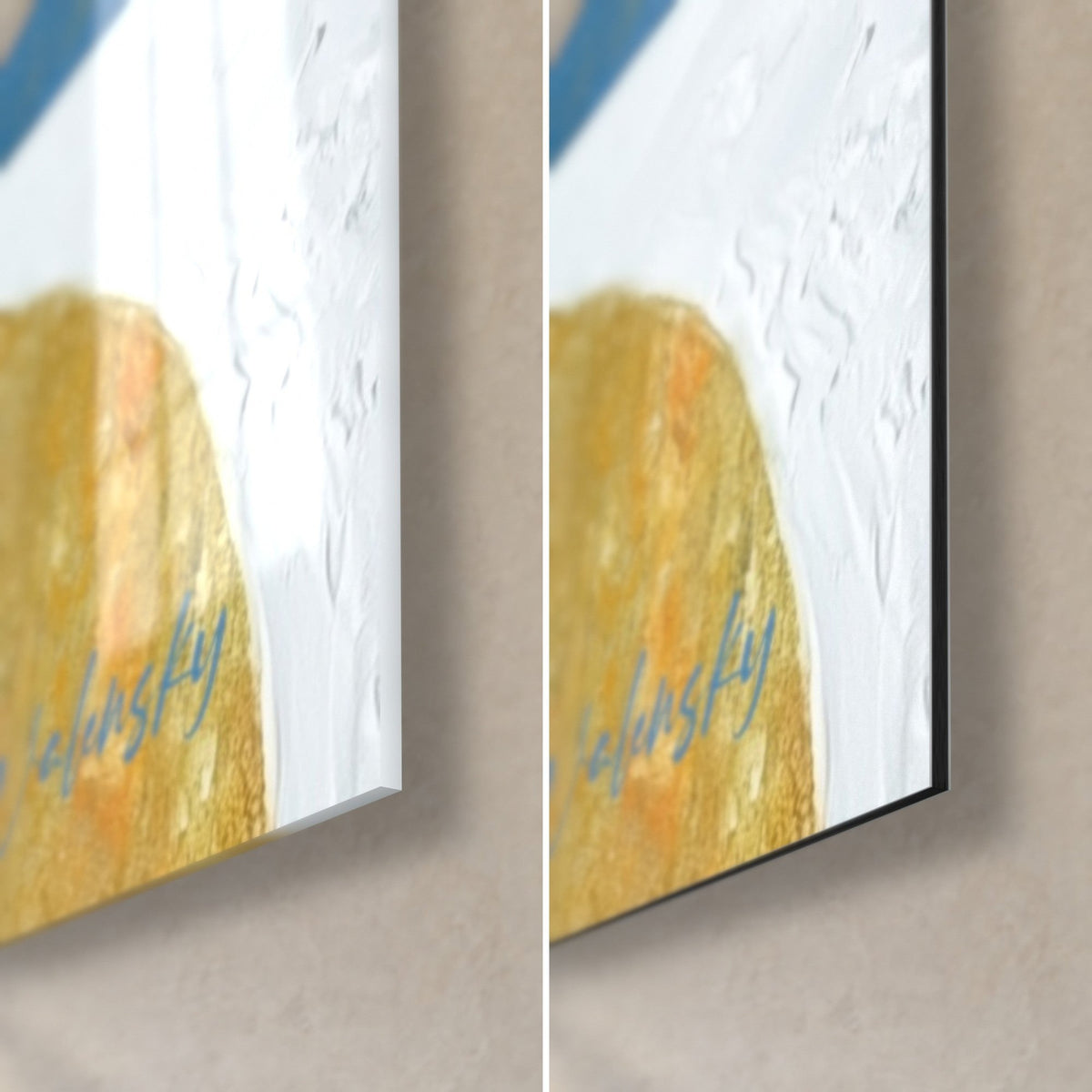 Tableau bassin courbe doré et blanc, coin bas droit : verre acrylique brillant à gauche, Dibond mat à droite, tranche de 3 mm