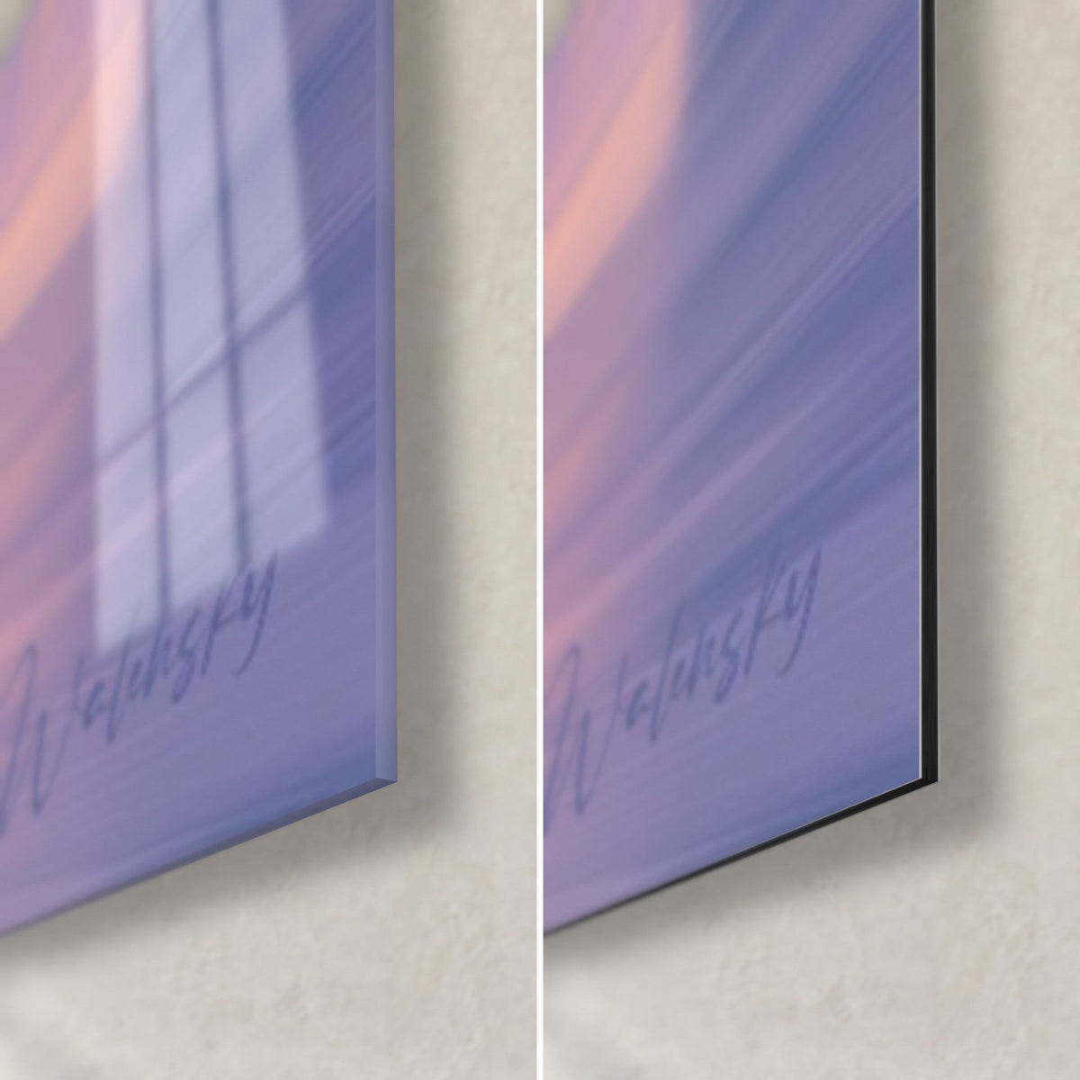 Schilderij abstracte bogen in violet en perzik, rechtsonder: glanzend acrylglas met reflecties, mat Dibond-aluminium, rand van 3 mm