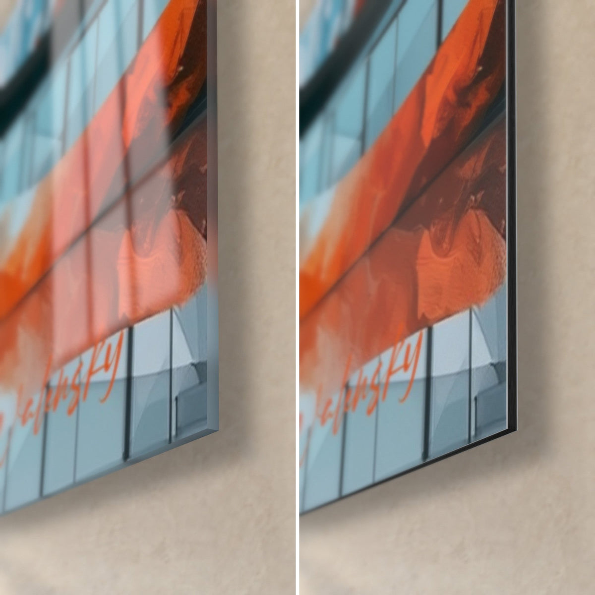 Tableau structure incurvée orange et bleue, coin bas droit : verre acrylique brillant à gauche, alu Dibond mat à droite, tranche 3 mm