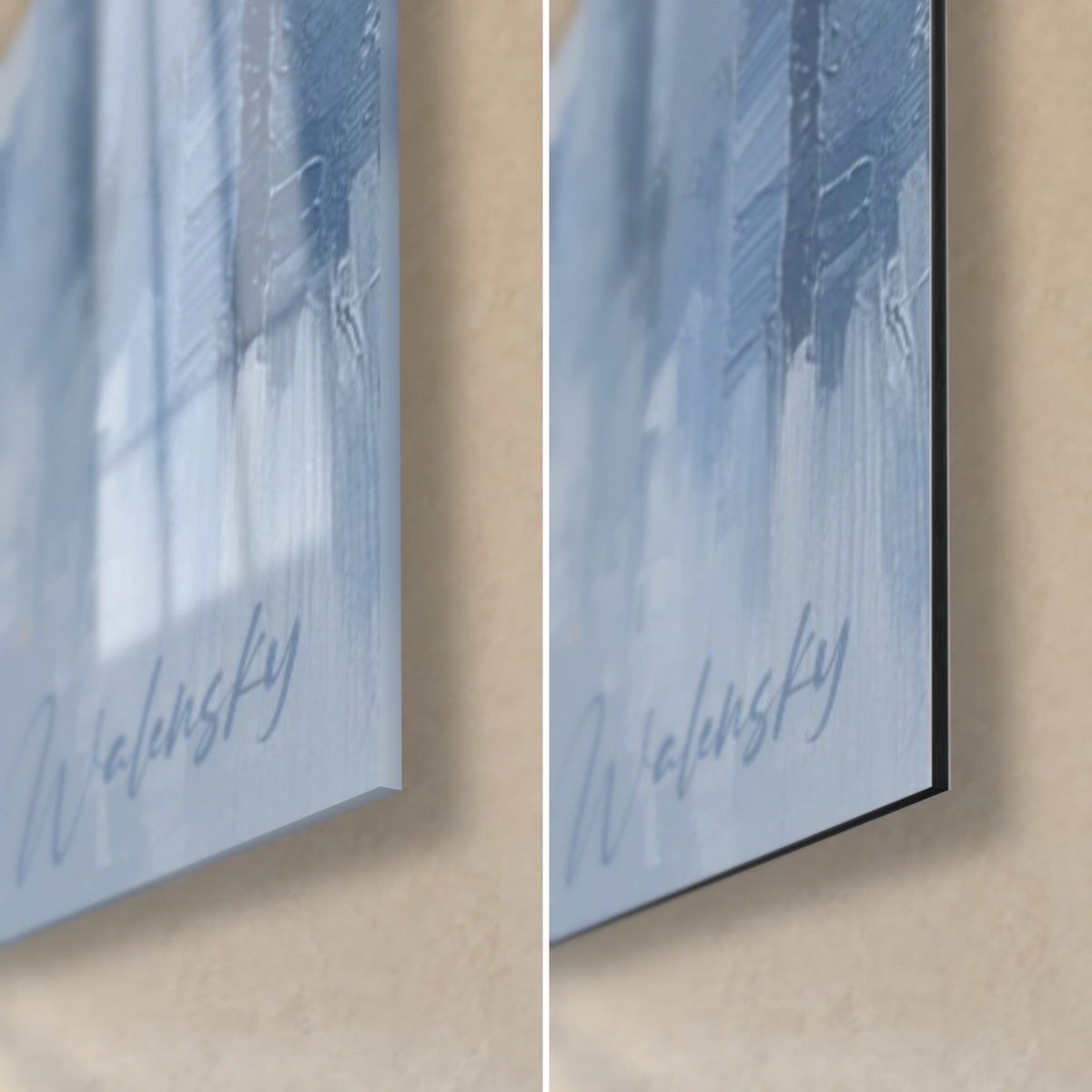 Tableau soleil noir en or et bleu, coin bas droit : verre acrylique brillant à gauche, alu Dibond mat à droite, tranche noire de 3 mm