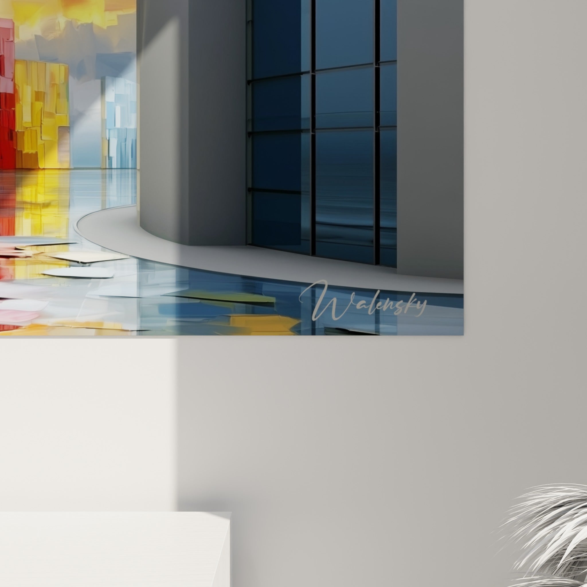 Empâtements colorés rouge, jaune et bleu marine visibles en gros plan sur la toile texturée
