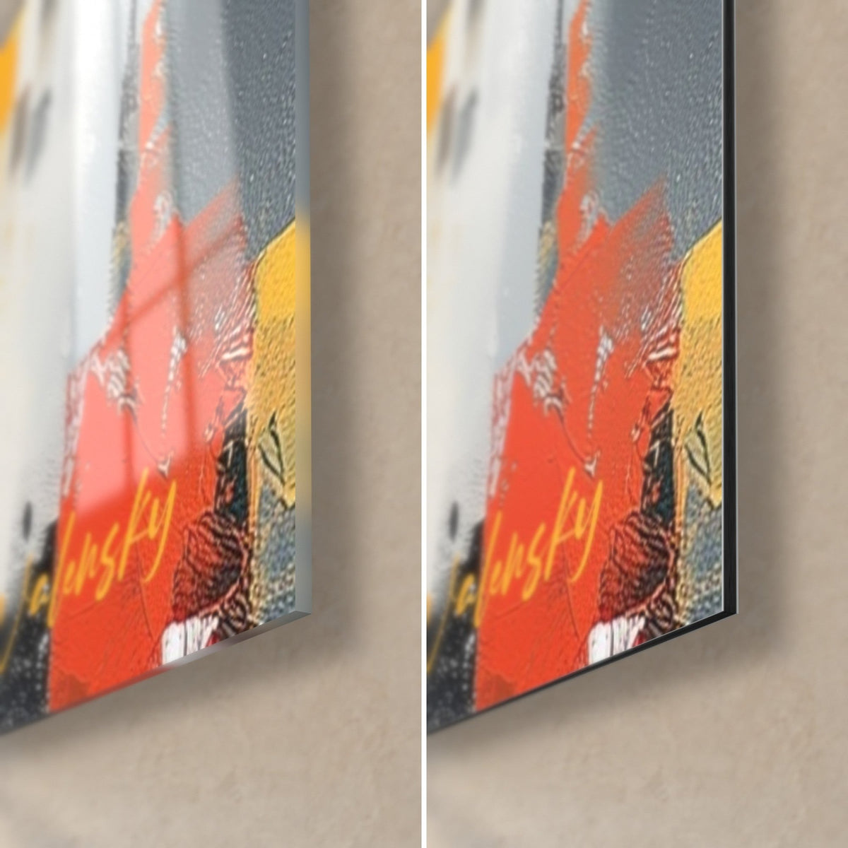 Tableau tours abstraites orange vif et gris ardoise, coin bas droit : verre acrylique brillant à gauche, Dibond mat à droite, tranche 3 mm
