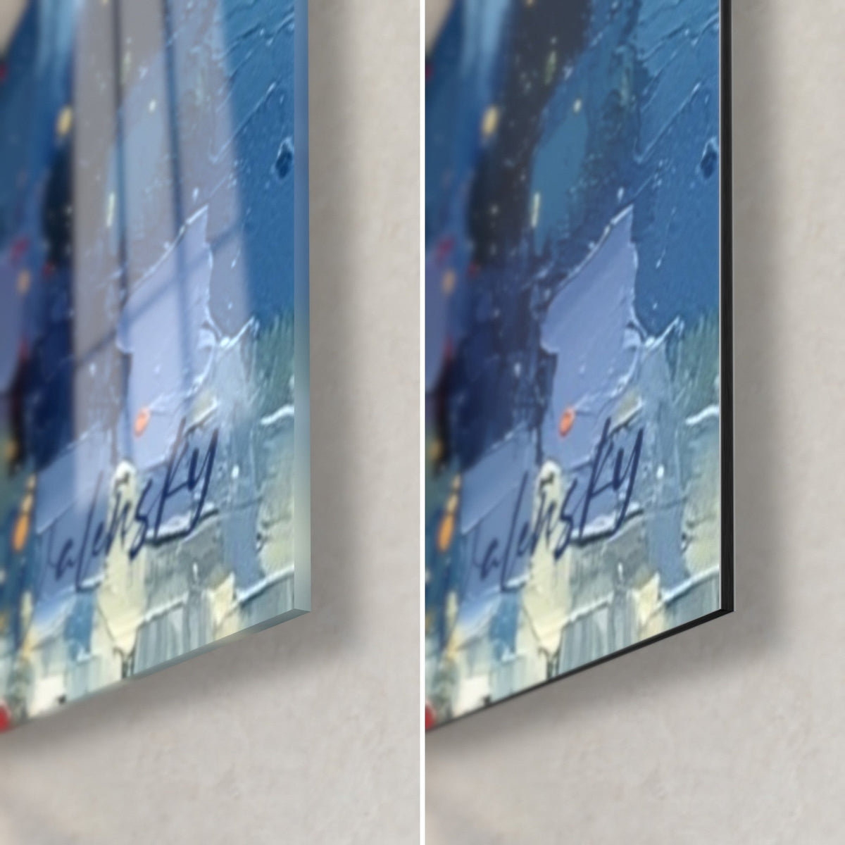 Tableau skyline bleu et jaune, coin bas droit : verre acrylique brillant à gauche, Dibond mat à droite, tranche 3 mm