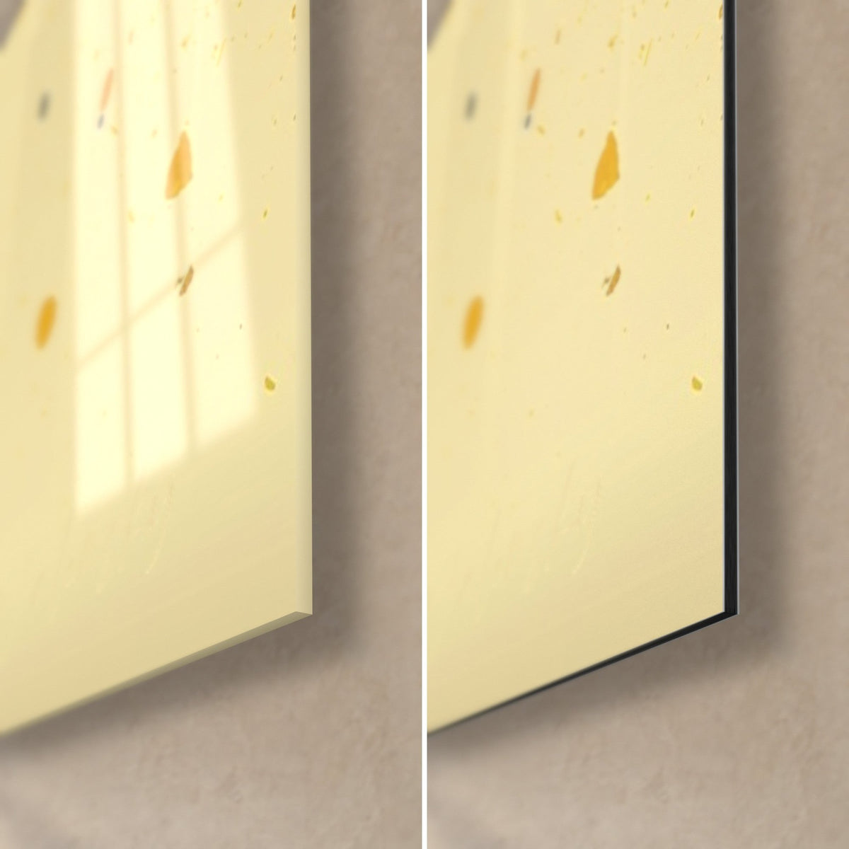 Tableau arche sombre à voûtes dorées, coin bas droit : verre acrylique brillant à gauche, Dibond noir mat et tranche de 3 mm à droite