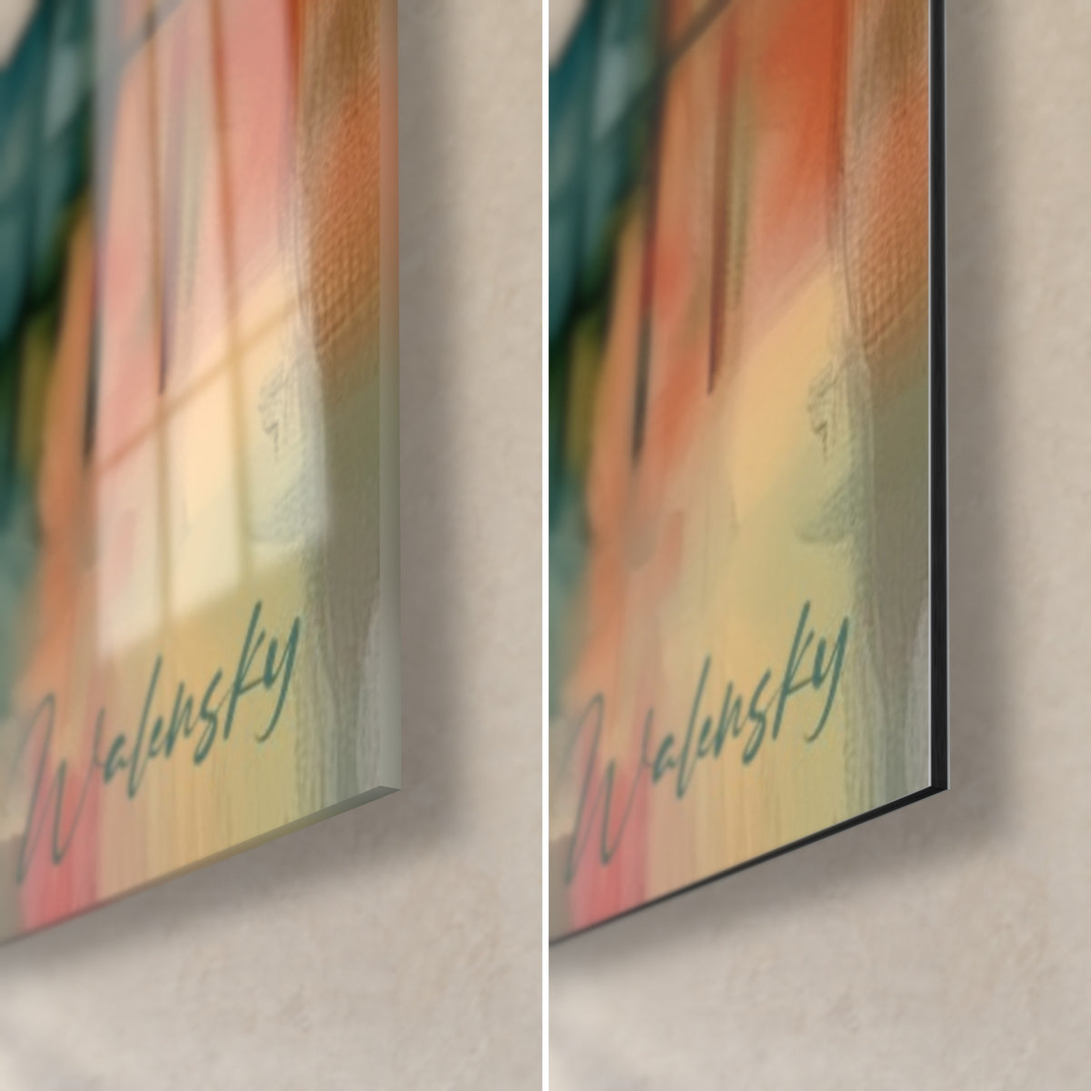 Quadro di una vetrata astratta arancio e verde petrolio, angolo in basso a destra in vetro acrilico lucido e alluminio Dibond opaco, spessore di 3 mm visibile