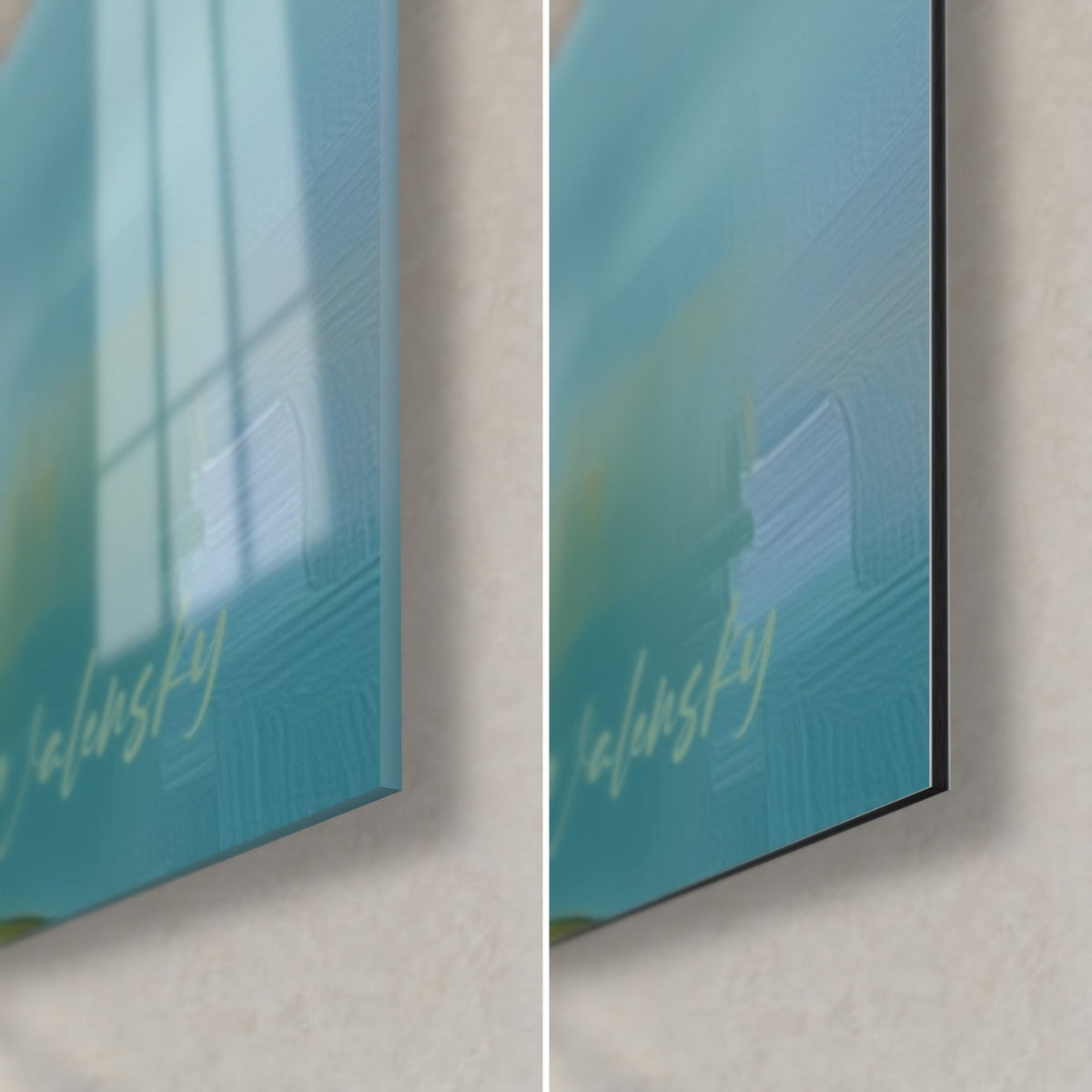 Wall art white sloping architecture, bottom right corner, glossy glass with blue reflections and matte grey Dibond, 3 mm edge