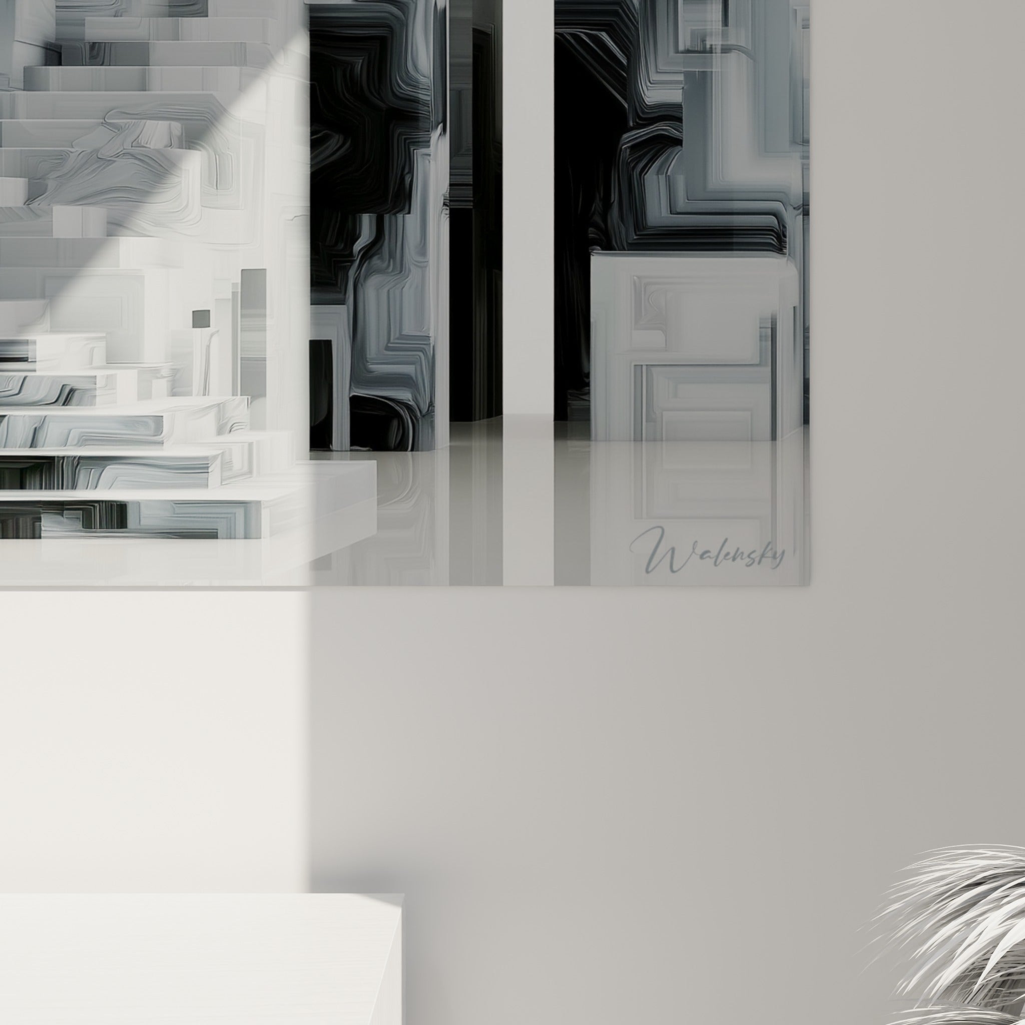 Détail des textures marbrées noir et gris de l'œuvre, veines fluides et empâtements visibles sur la toile