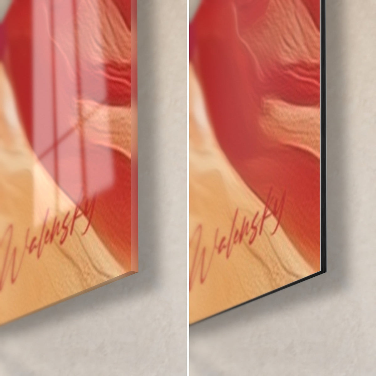 Tableau voile rouge et orangé ondulant, coin bas droit : verre acrylique brillant reflétant, Dibond gris mat, tranche de 3 mm