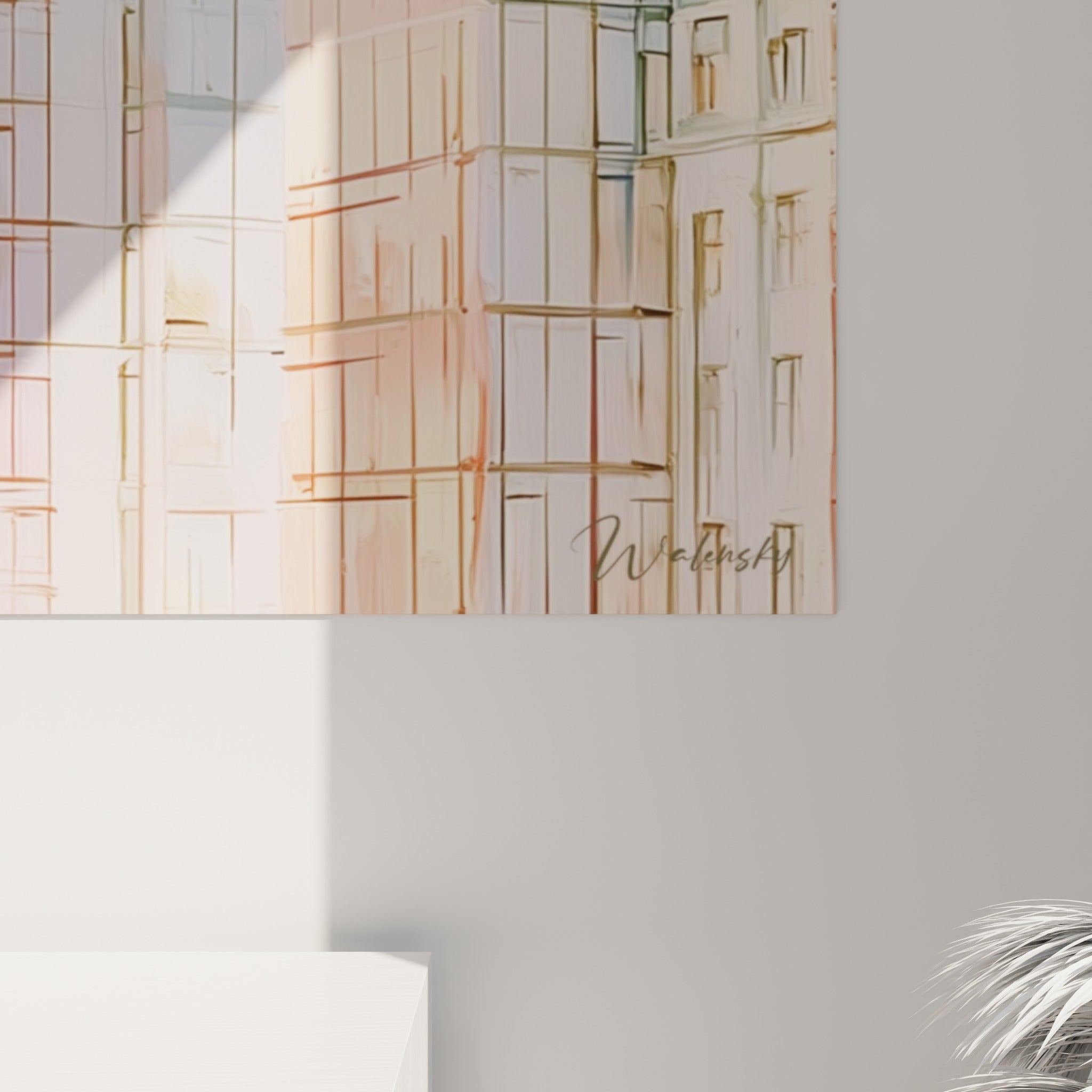 Grain pictural et coulures pastel du tableau architecture abstrait, reflets roses et bleus sur le verre des tours