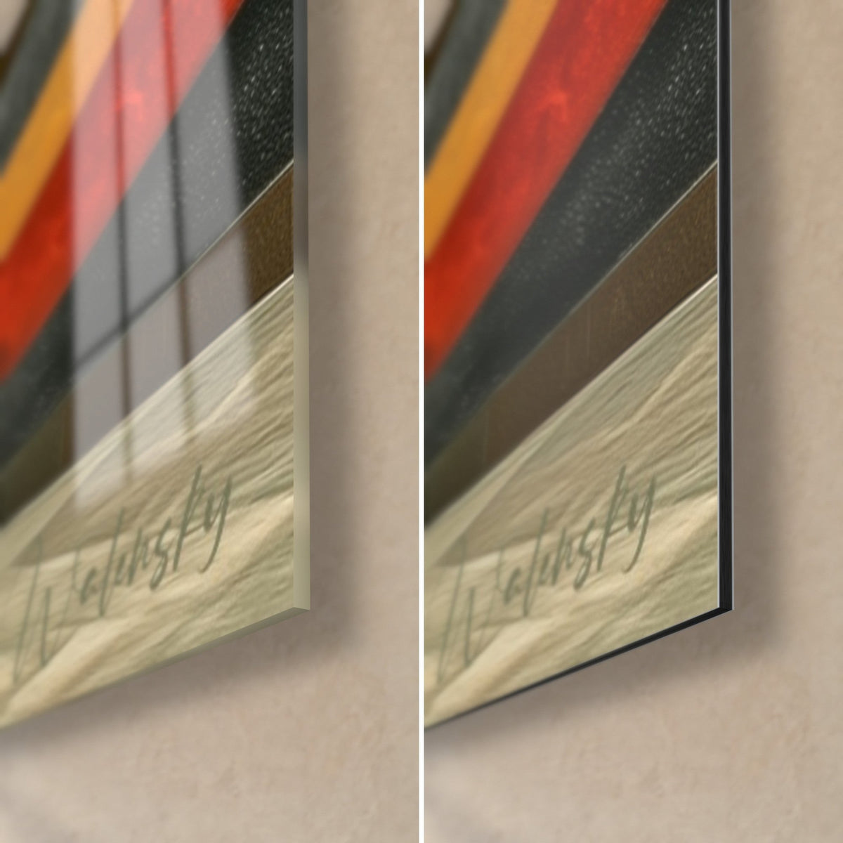 Tableau bâtiment ondulé gris, rouge et ocre, coin bas droit: verre acrylique brillant à reflets, Dibond mat, tranche de 3 mm