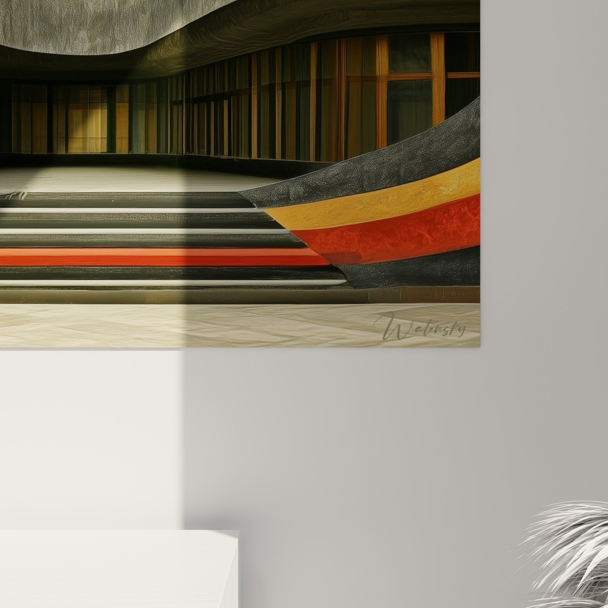Empâtements texturés gris pierre et rouge profond, grain de la matière visible sur ce tableau architecture abstraite